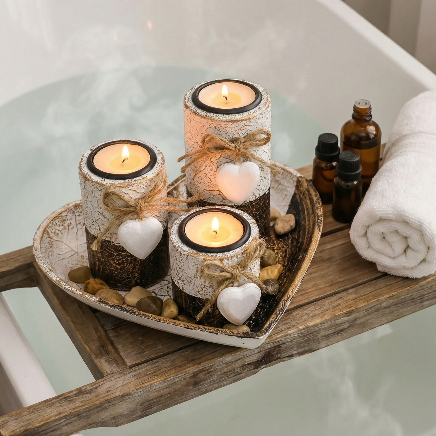 Complete Wooden Heart Candlestick Set