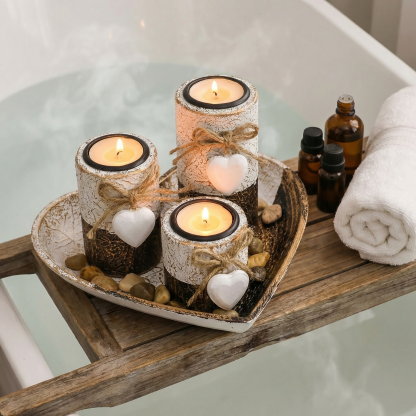 Complete Wooden Heart Candlestick Set