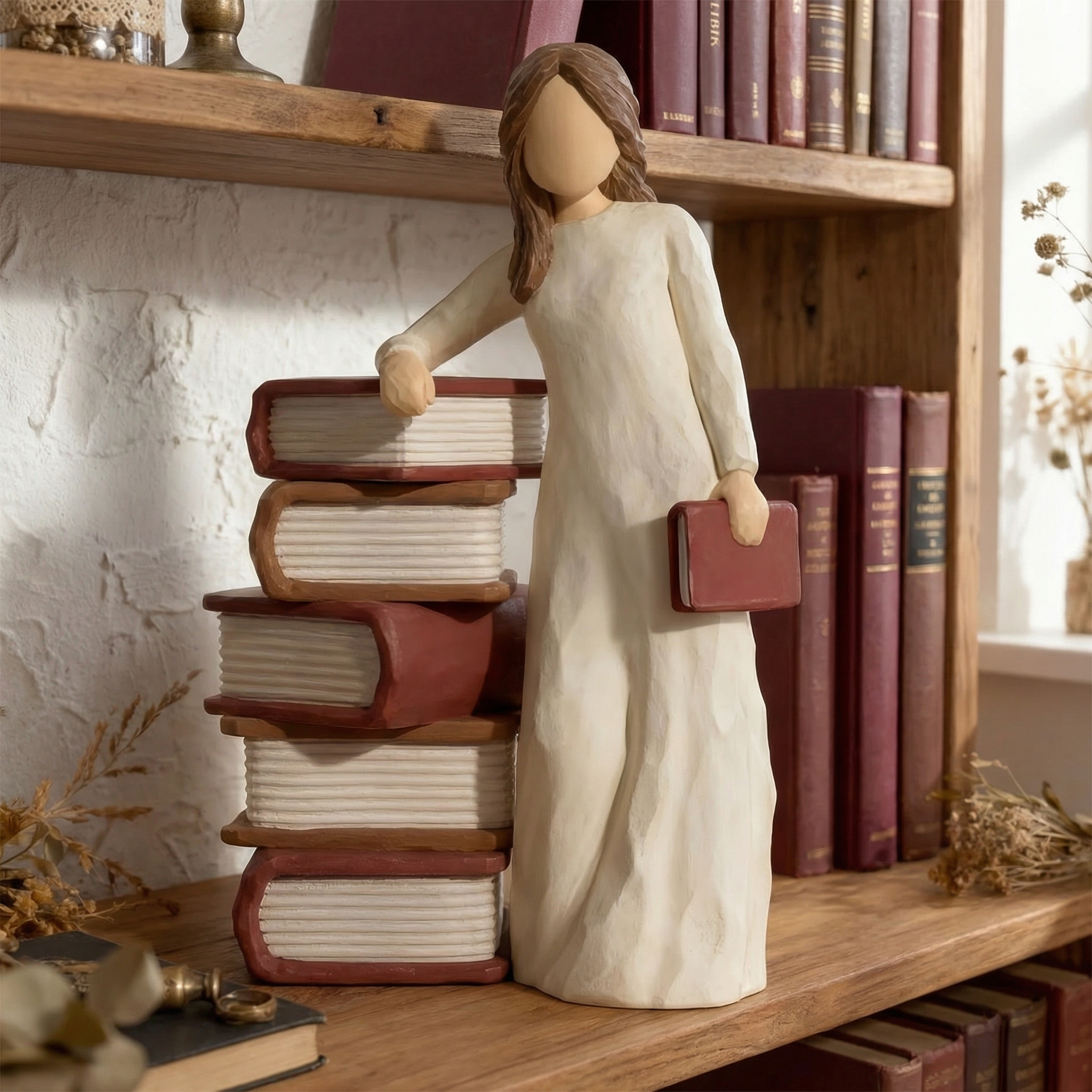 Charming Girl Holding Book Figurines