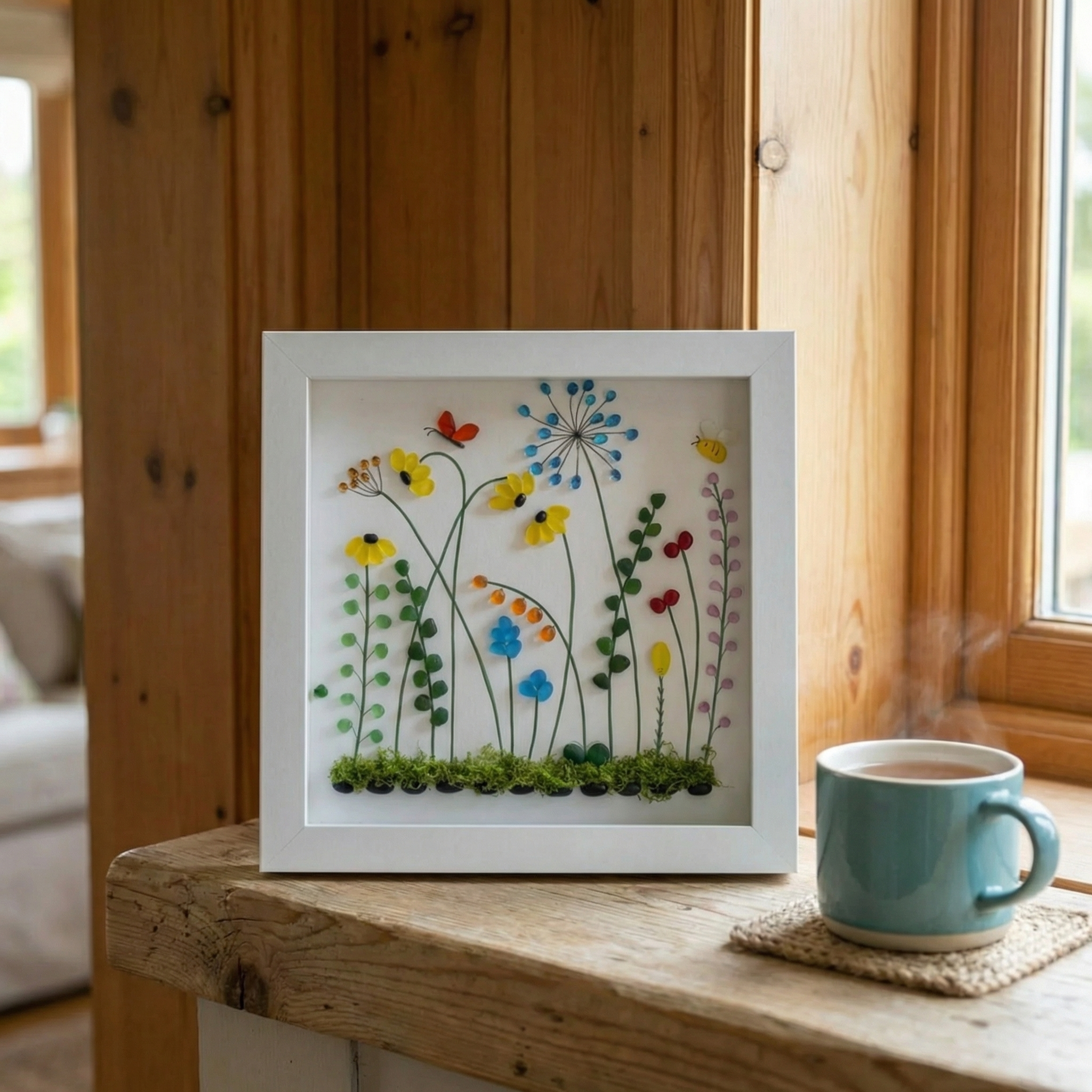 Handmade Beach Glass Flower Garden Picture