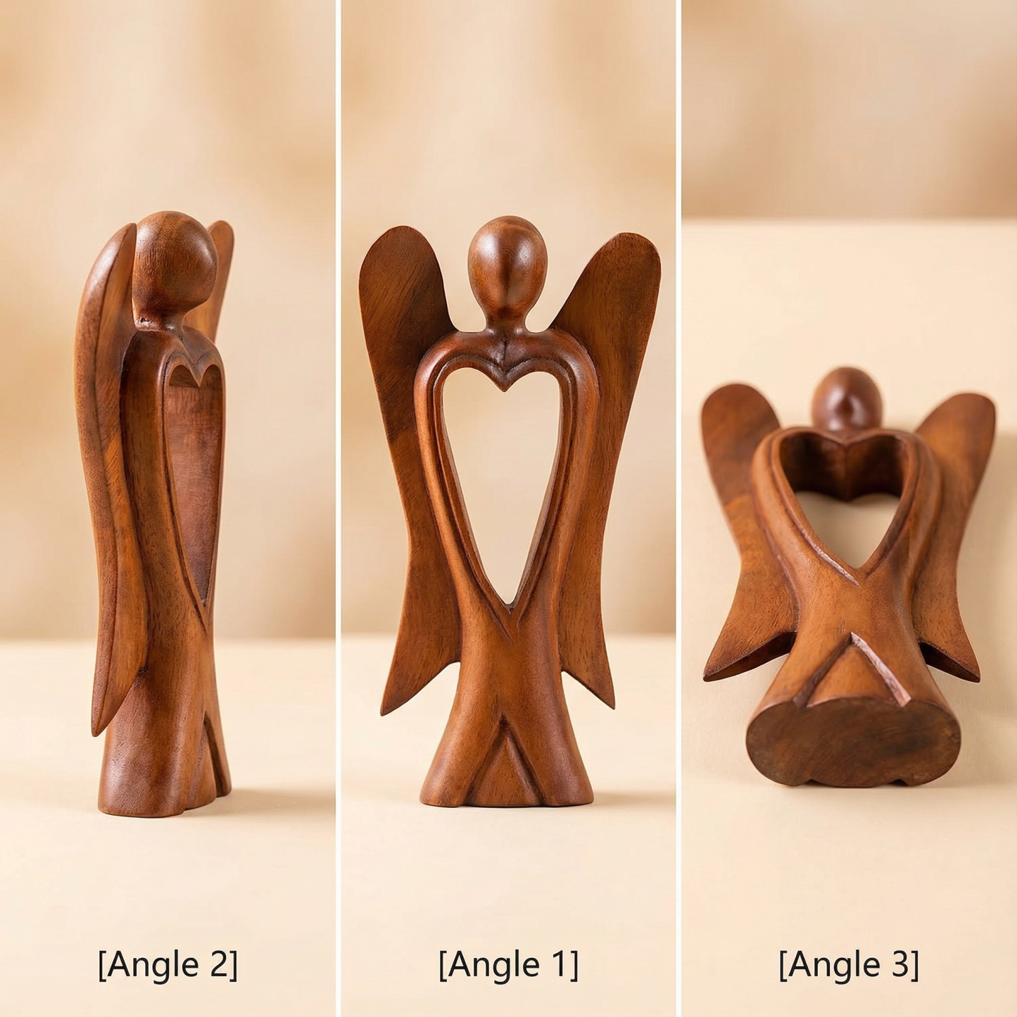 Handmade Wood Figurine of Angel with Heart Feature