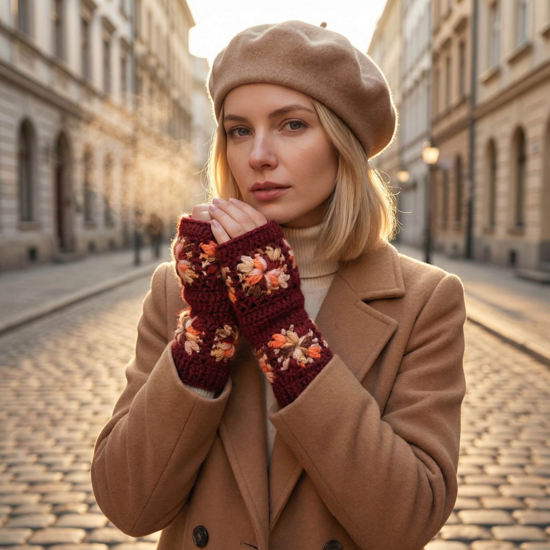 Handknit Crochet Flower Design Handwarmers/Fingerless Gloves with Fleece Lining