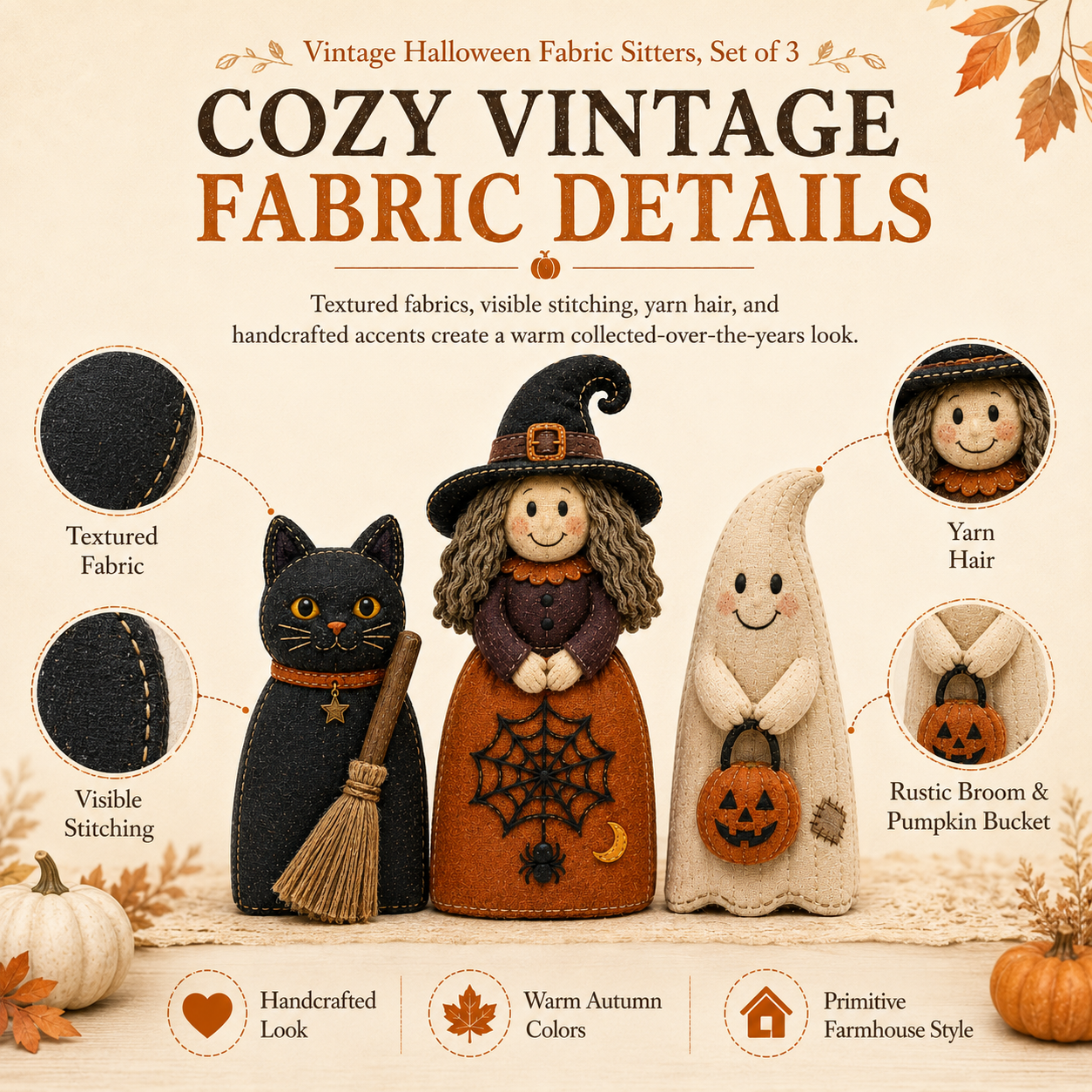 Vintage Halloween Fabric Sitters, Set of 3