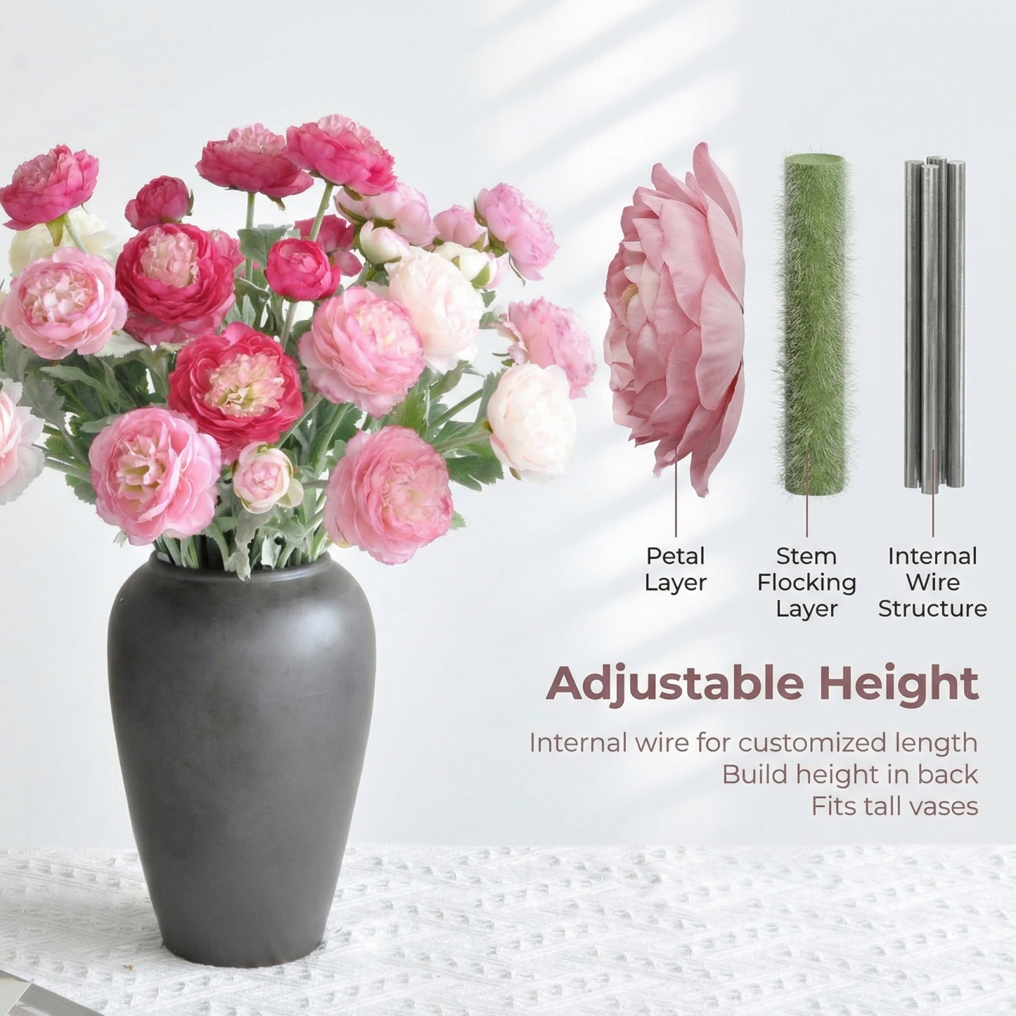 'Looks real' Silk Ranunculus Flocked Stem