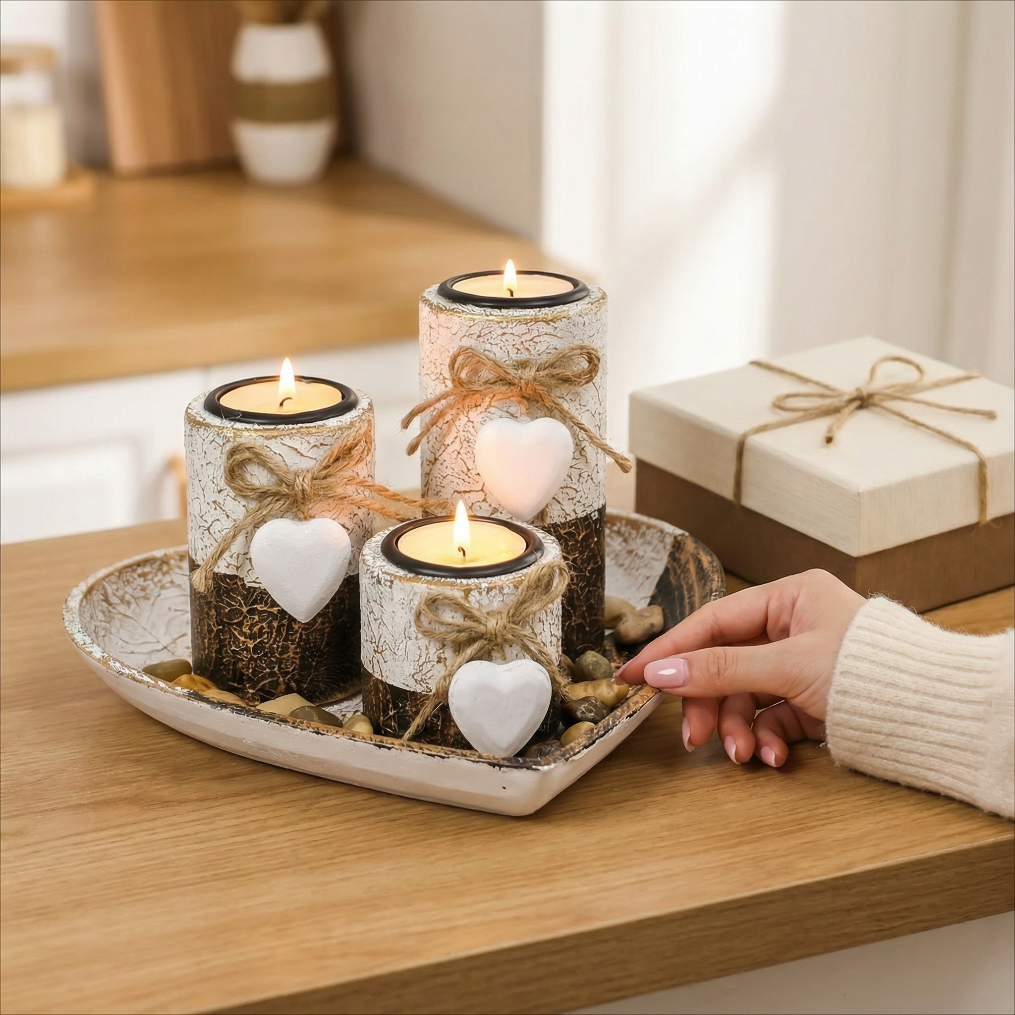 Complete Wooden Heart Candlestick Set