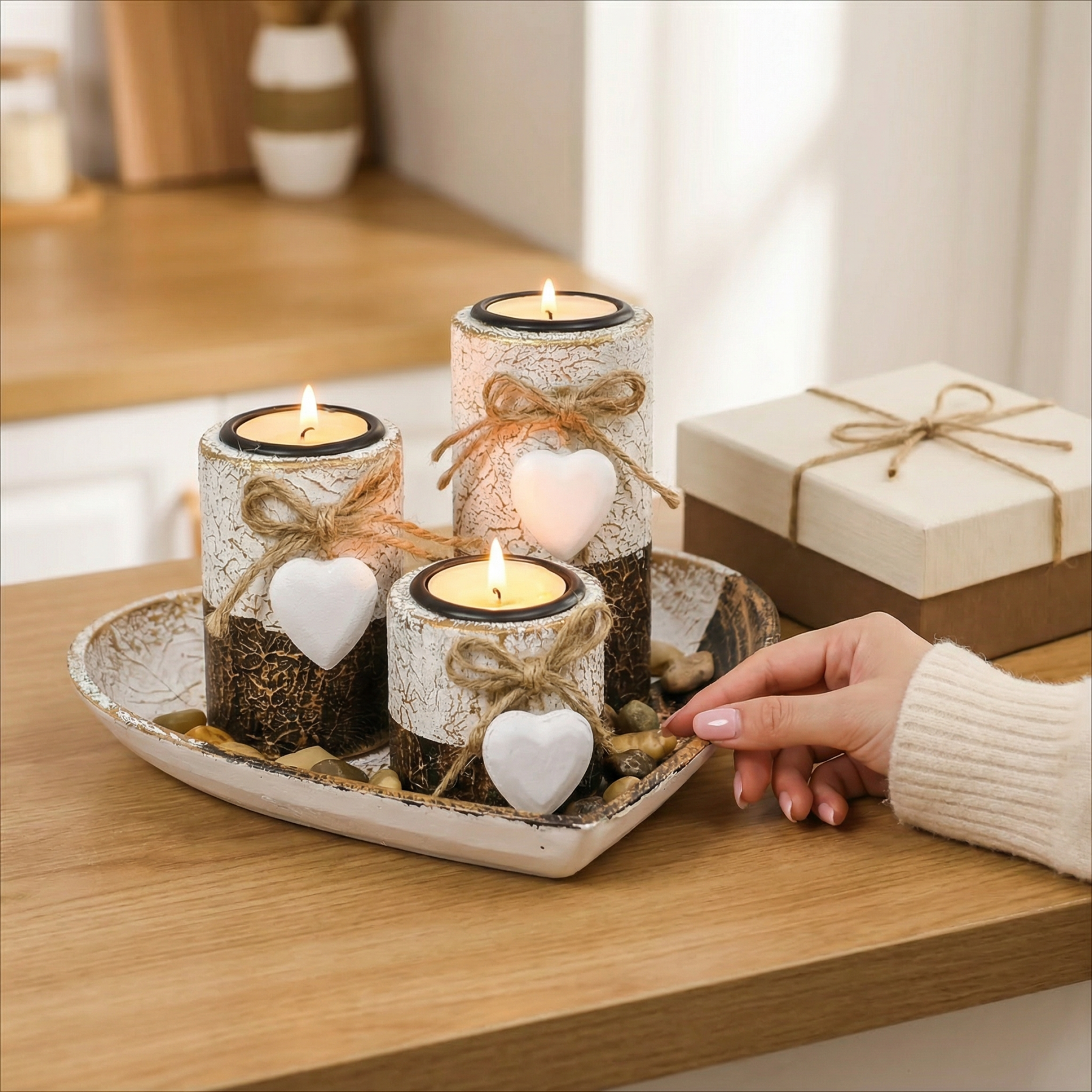 Complete Wooden Heart Candlestick Set