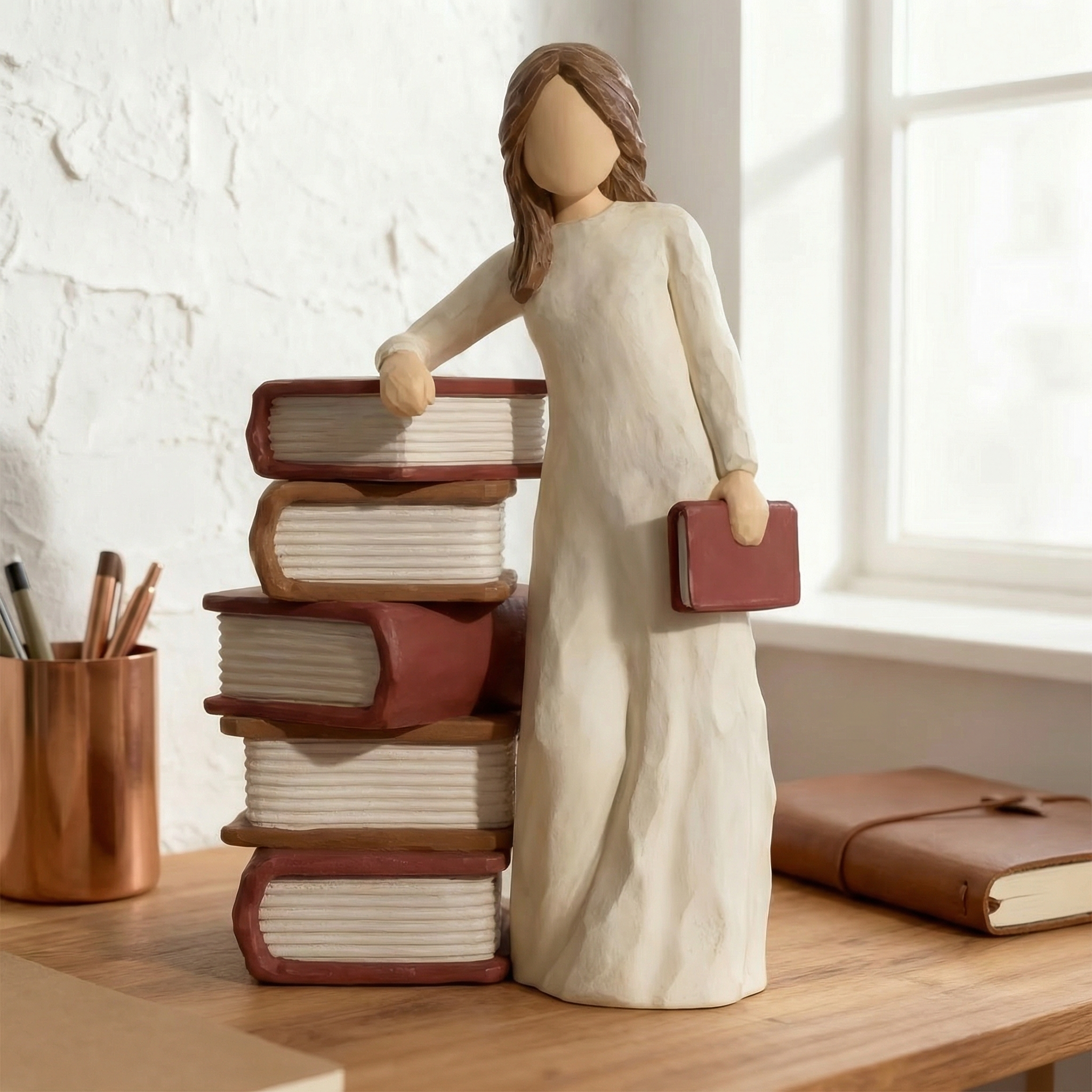 Charming Girl Holding Book Figurines