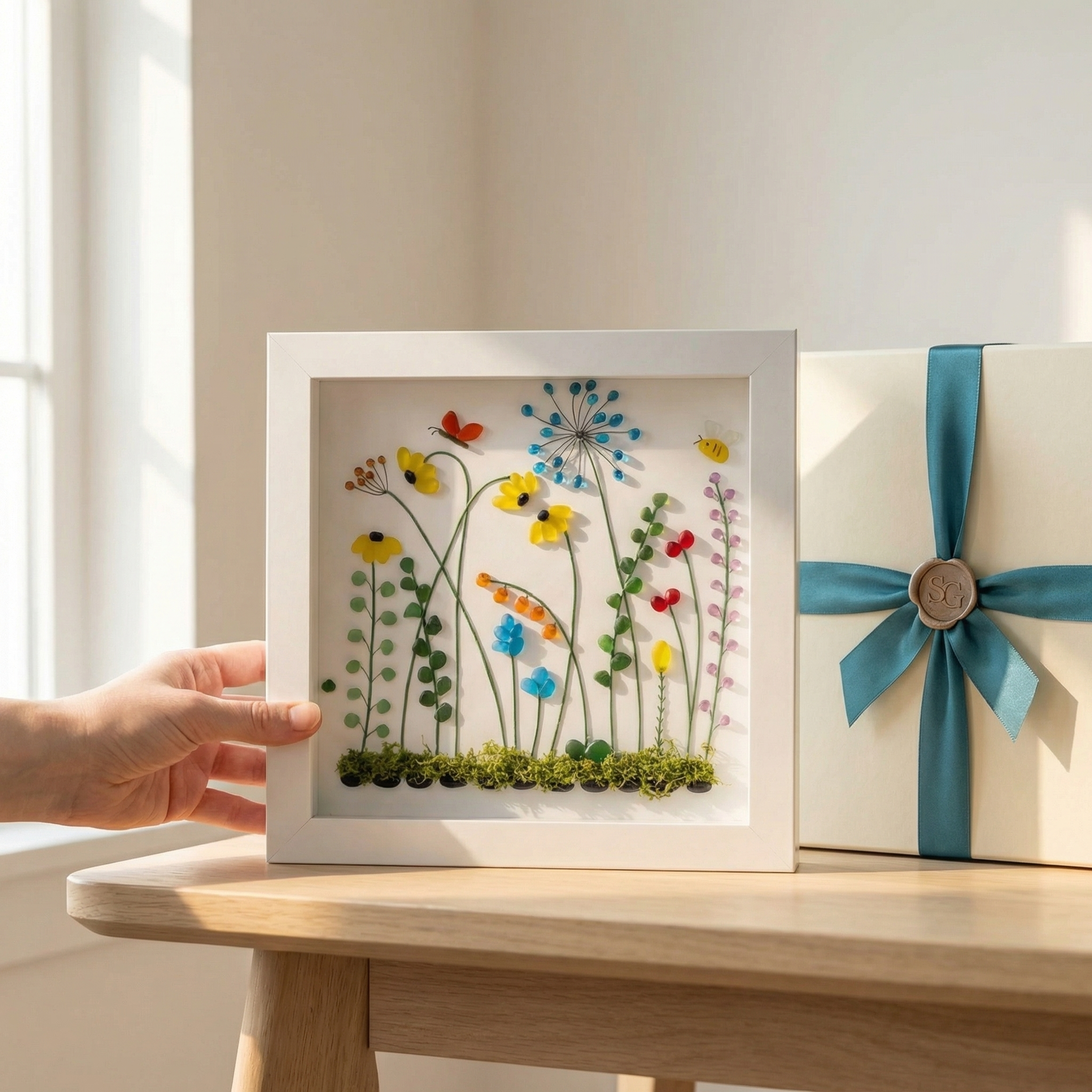 Handmade Beach Glass Flower Garden Picture