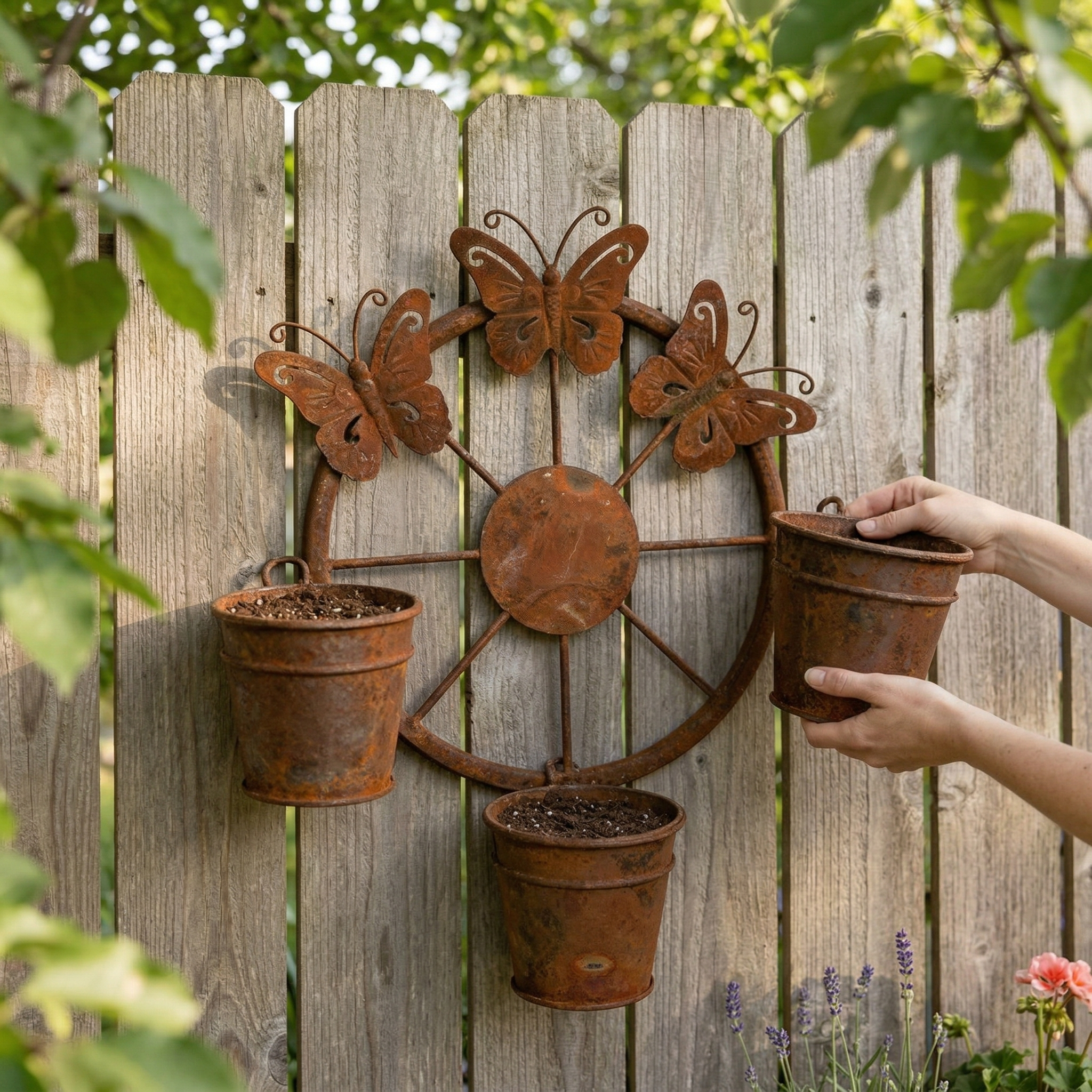 Vintage Distressed Metal Butterfly Wagon Wheel Wall Planter
