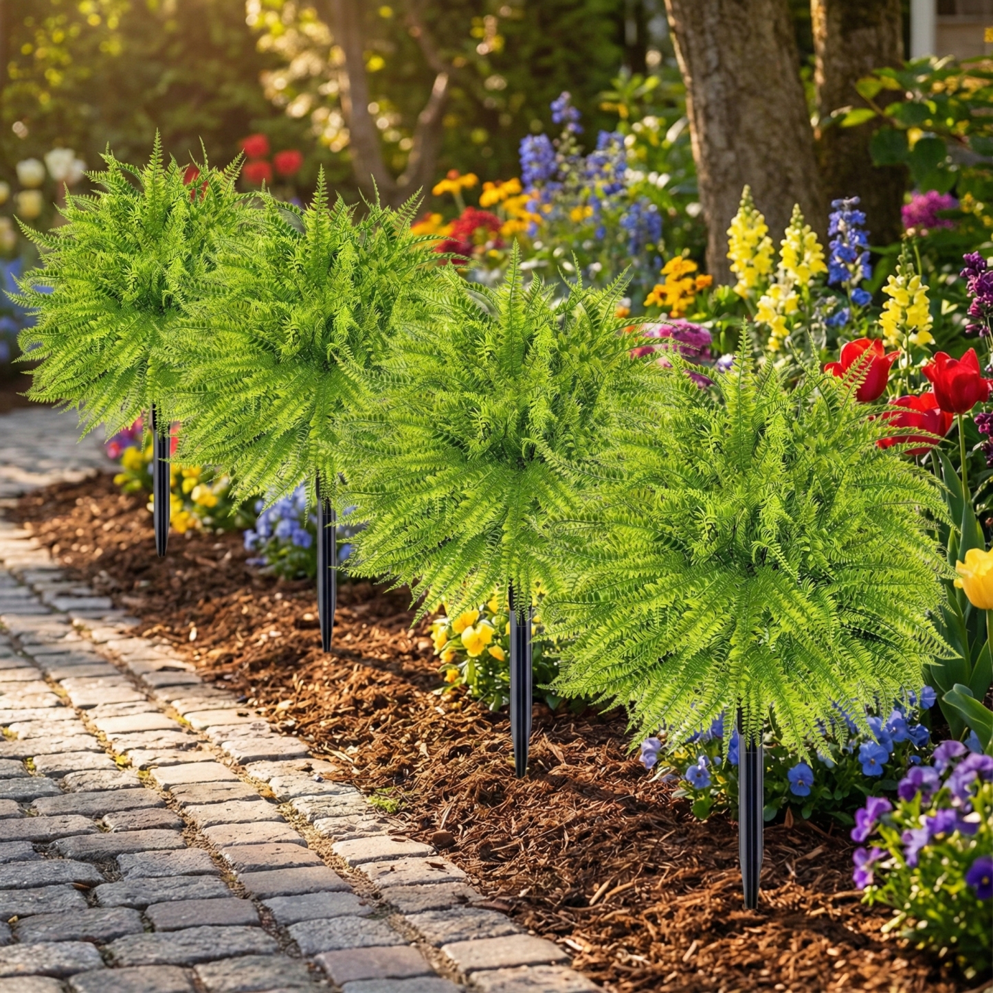 UV Resistant Lush Artificial Boston Fern with Integrated Ground Stake