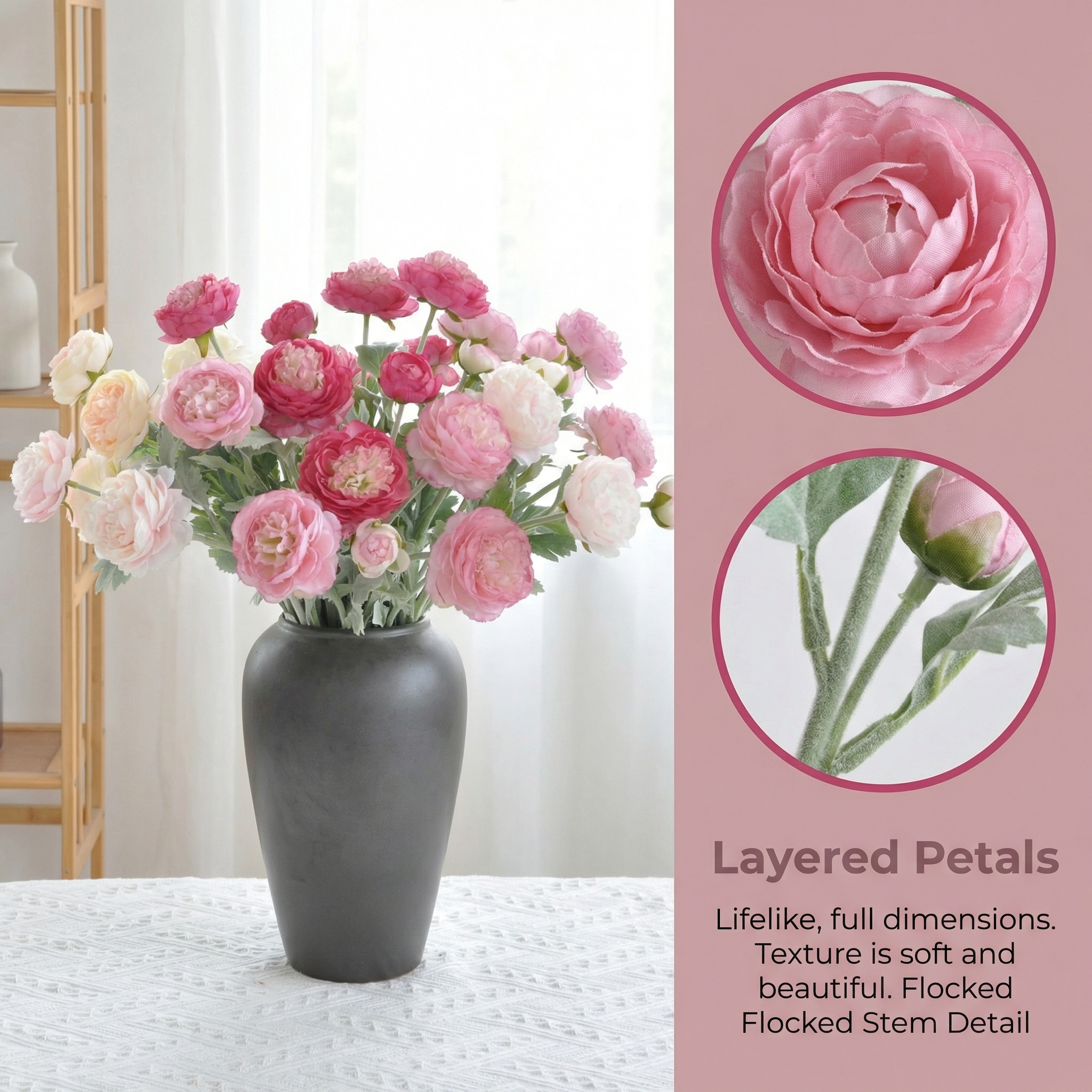 'Looks real' Silk Ranunculus Flocked Stem