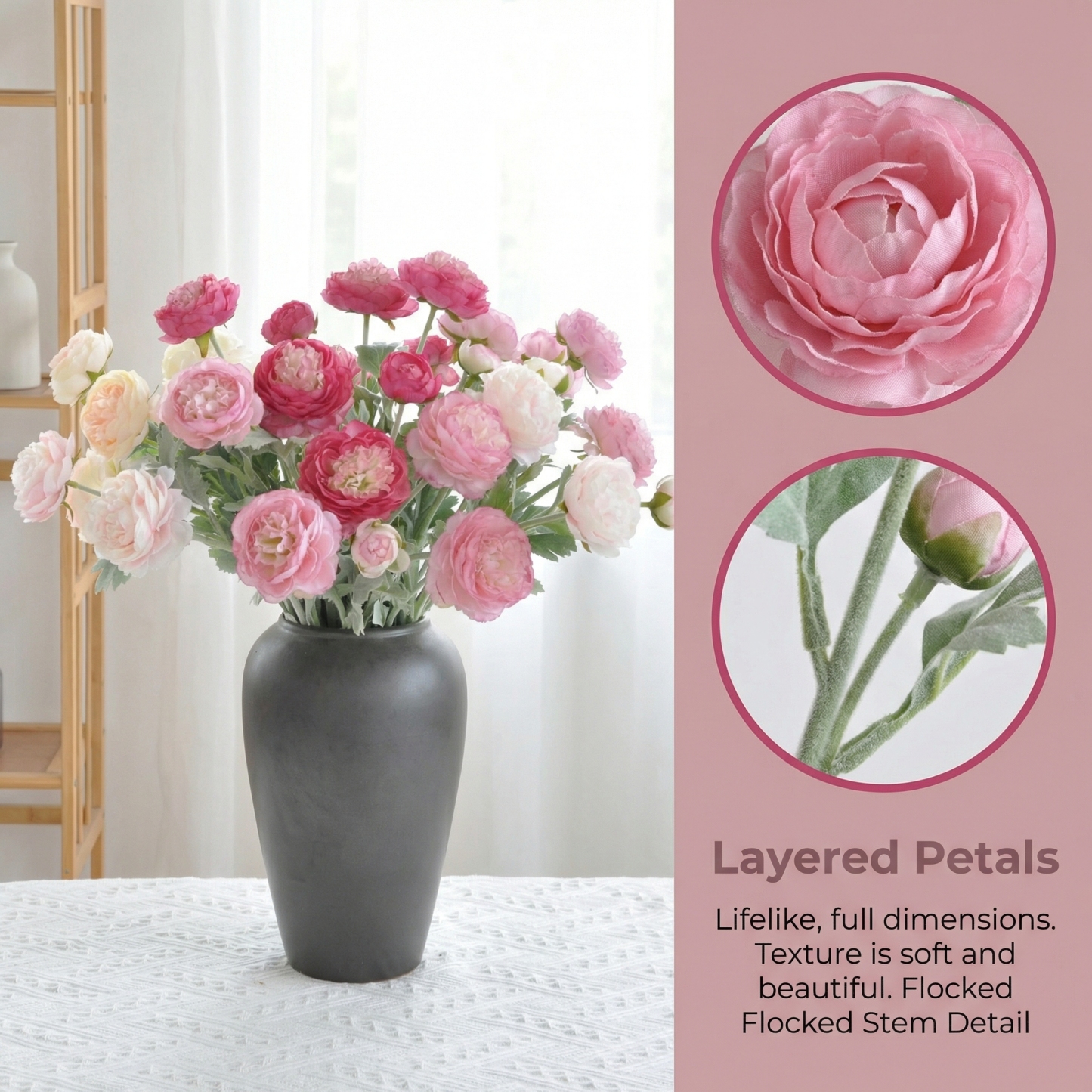 'Looks real' Silk Ranunculus Flocked Stem