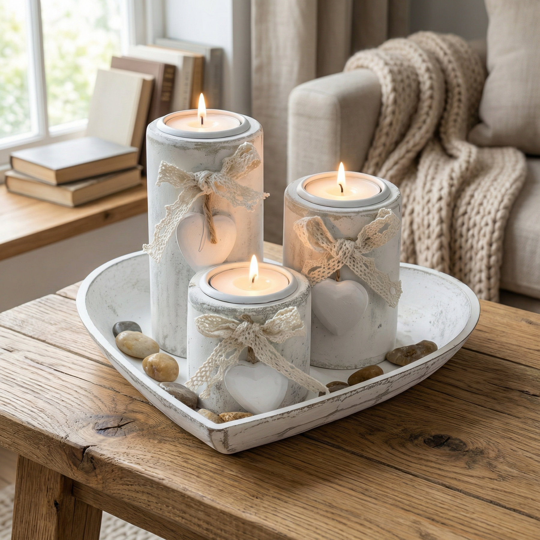 Complete Wooden Heart Candlestick Set