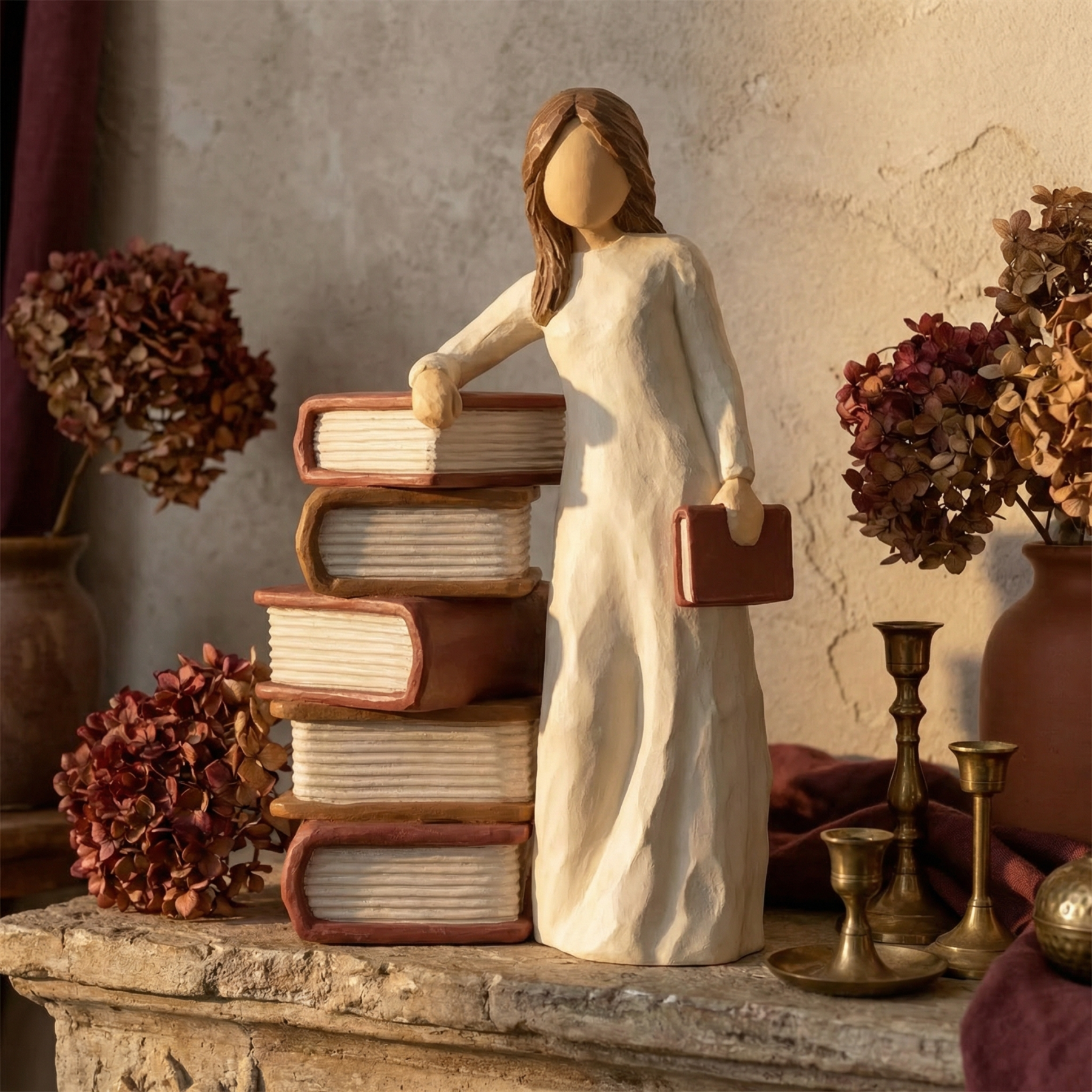 Charming Girl Holding Book Figurines