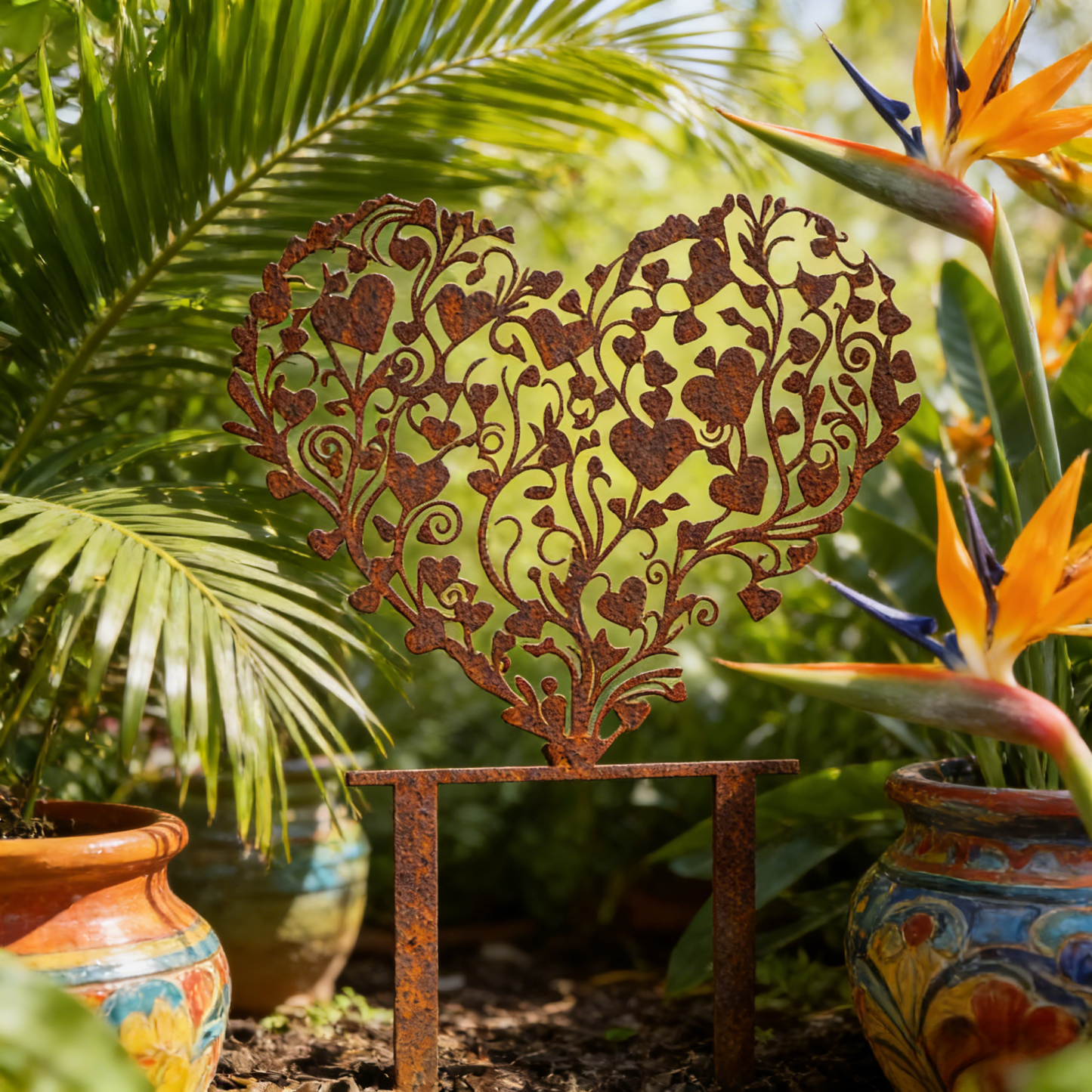 Rust-covered Elegant Heart-Shaped Metal Garden Stake Sculpture