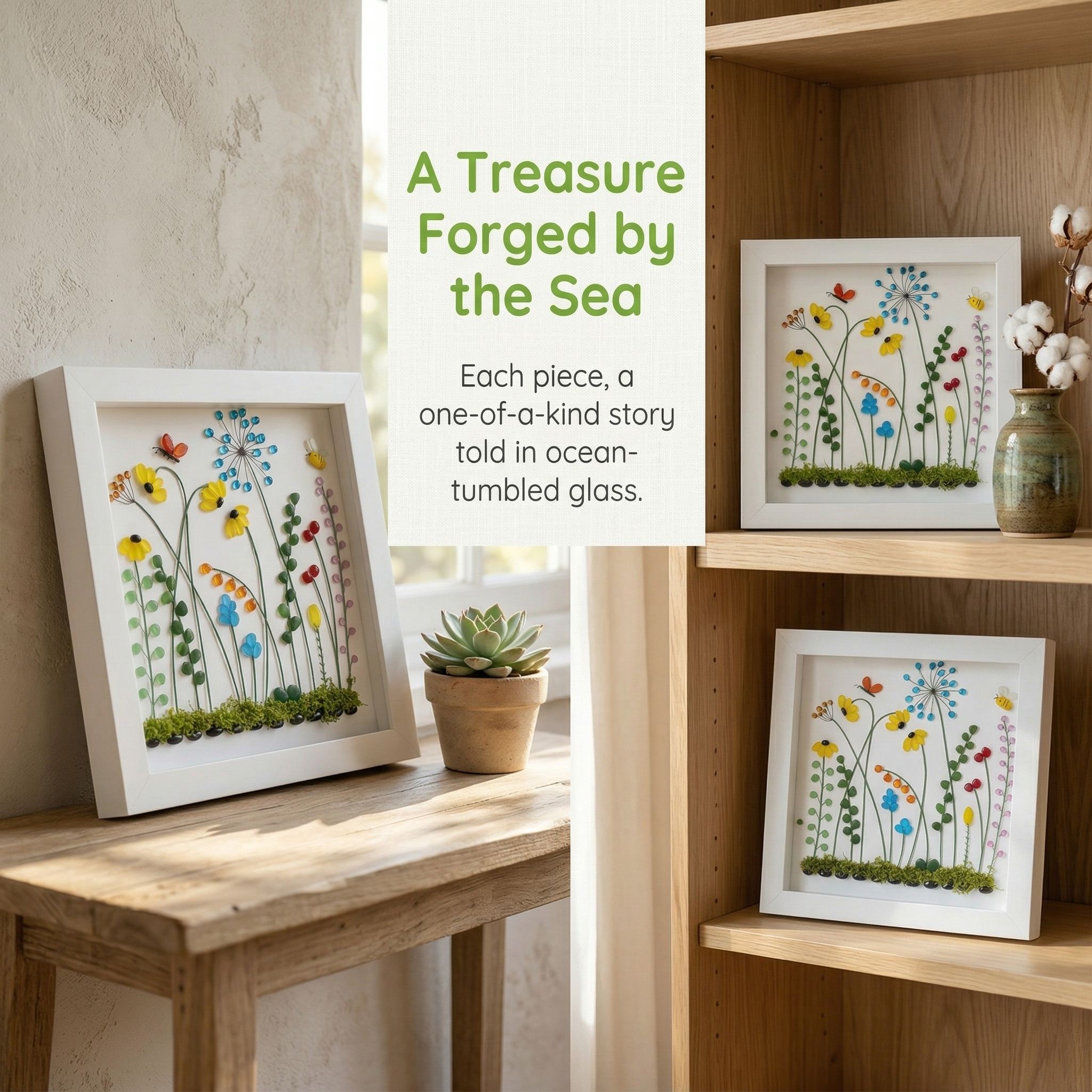 Handmade Beach Glass Flower Garden Picture