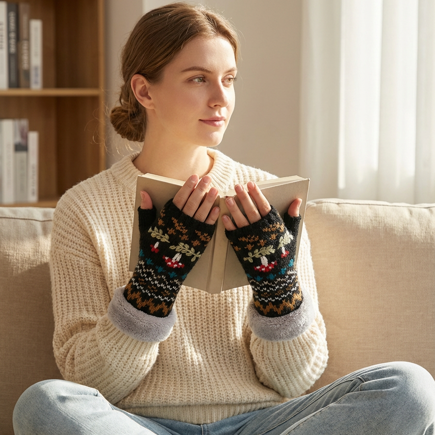Mushroom Knitted Woolen Handwarmer with Fleece Lining