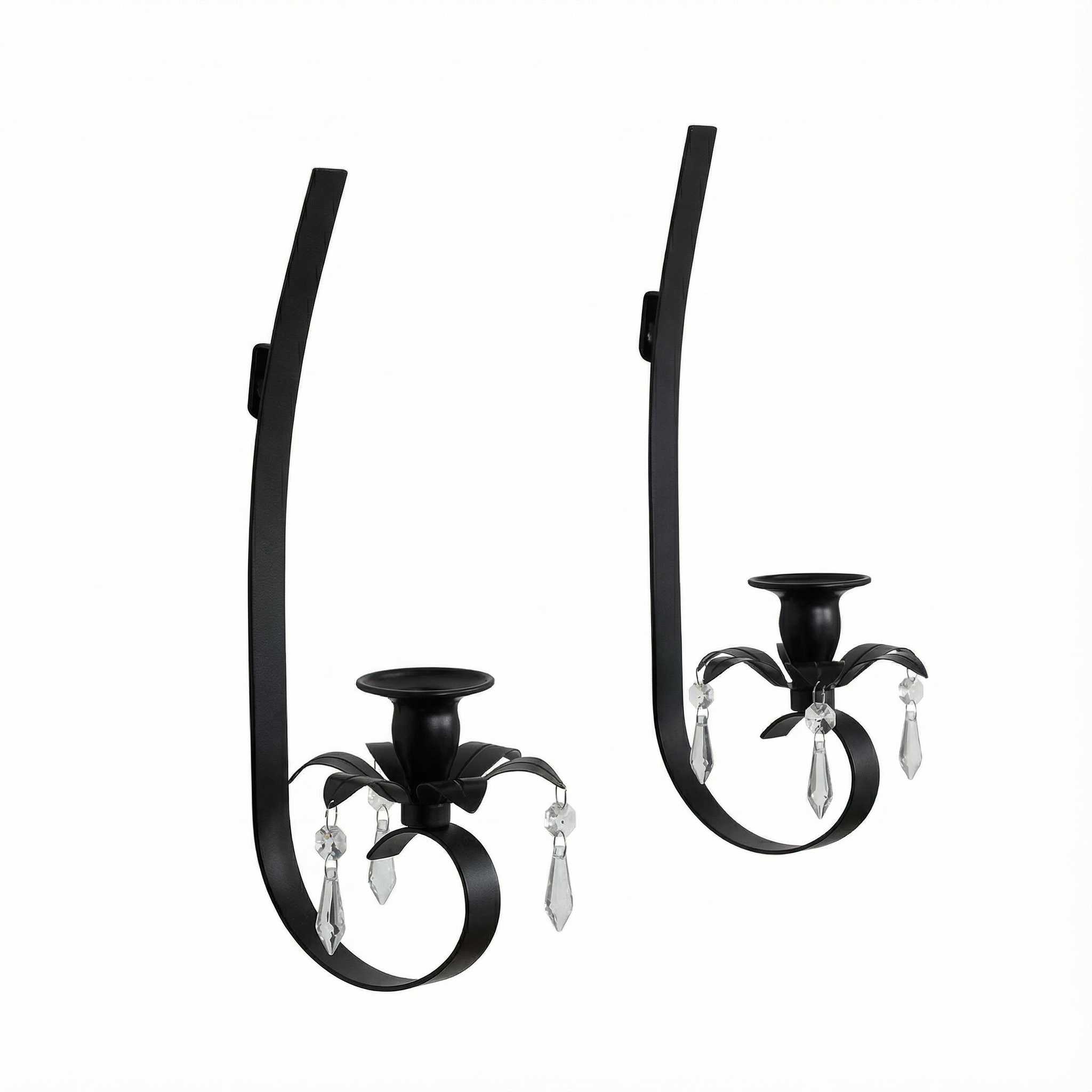 Black Metal Wall Candle Sconces with Crystal Pendant