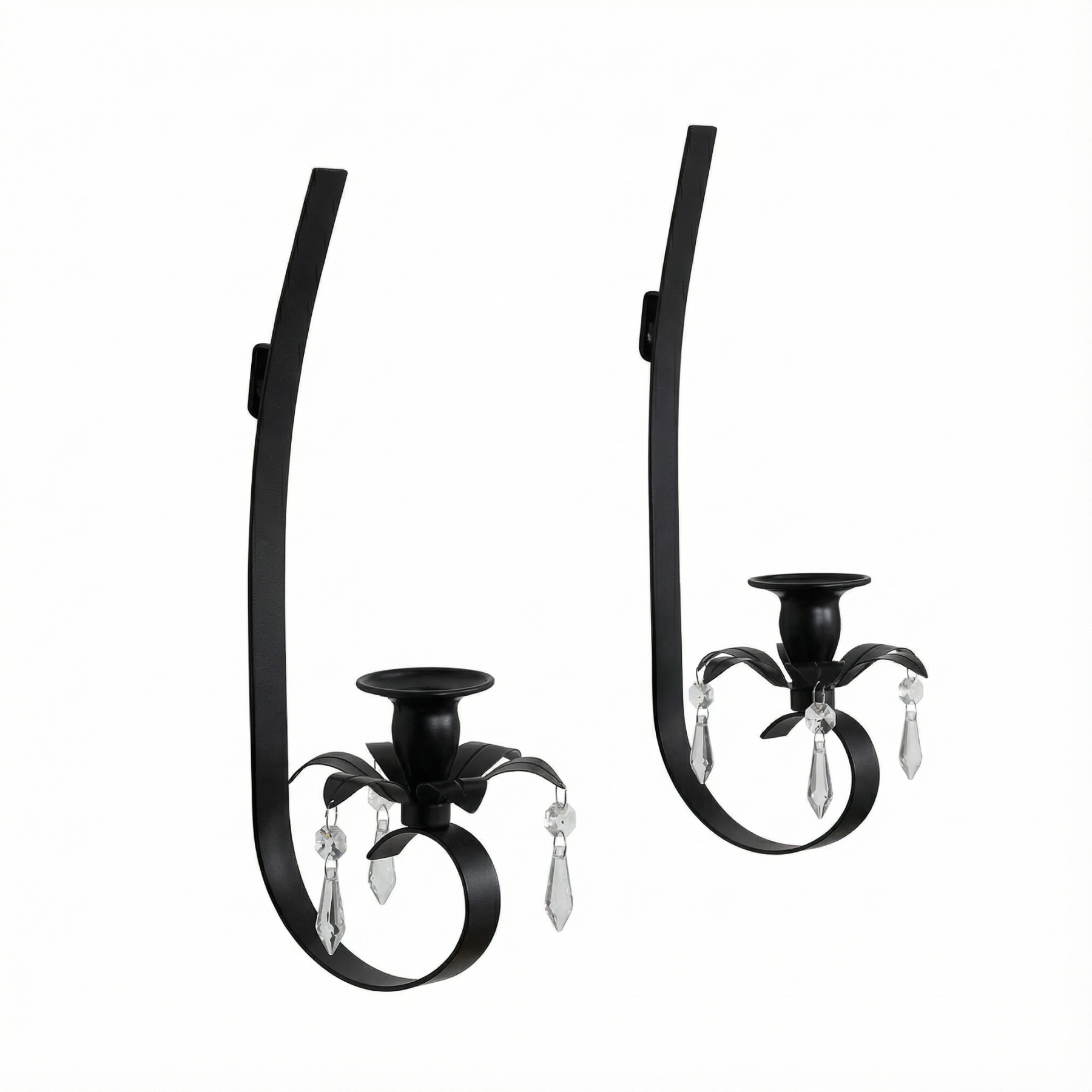 Black Metal Wall Candle Sconces with Crystal Pendant
