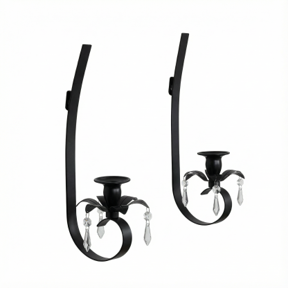 Black Metal Wall Candle Sconces with Crystal Pendant