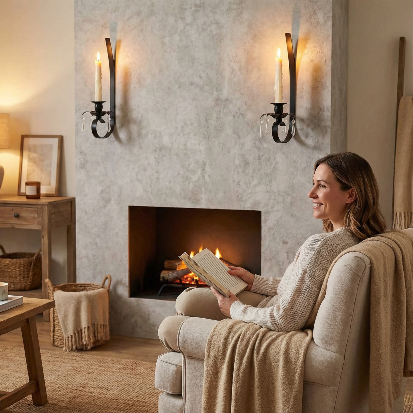 Black Metal Wall Candle Sconces with Crystal Pendant