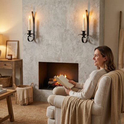 Black Metal Wall Candle Sconces with Crystal Pendant