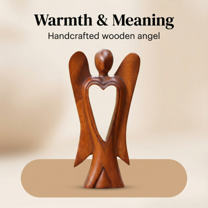 Handmade Wood Figurine of Angel with Heart Feature
