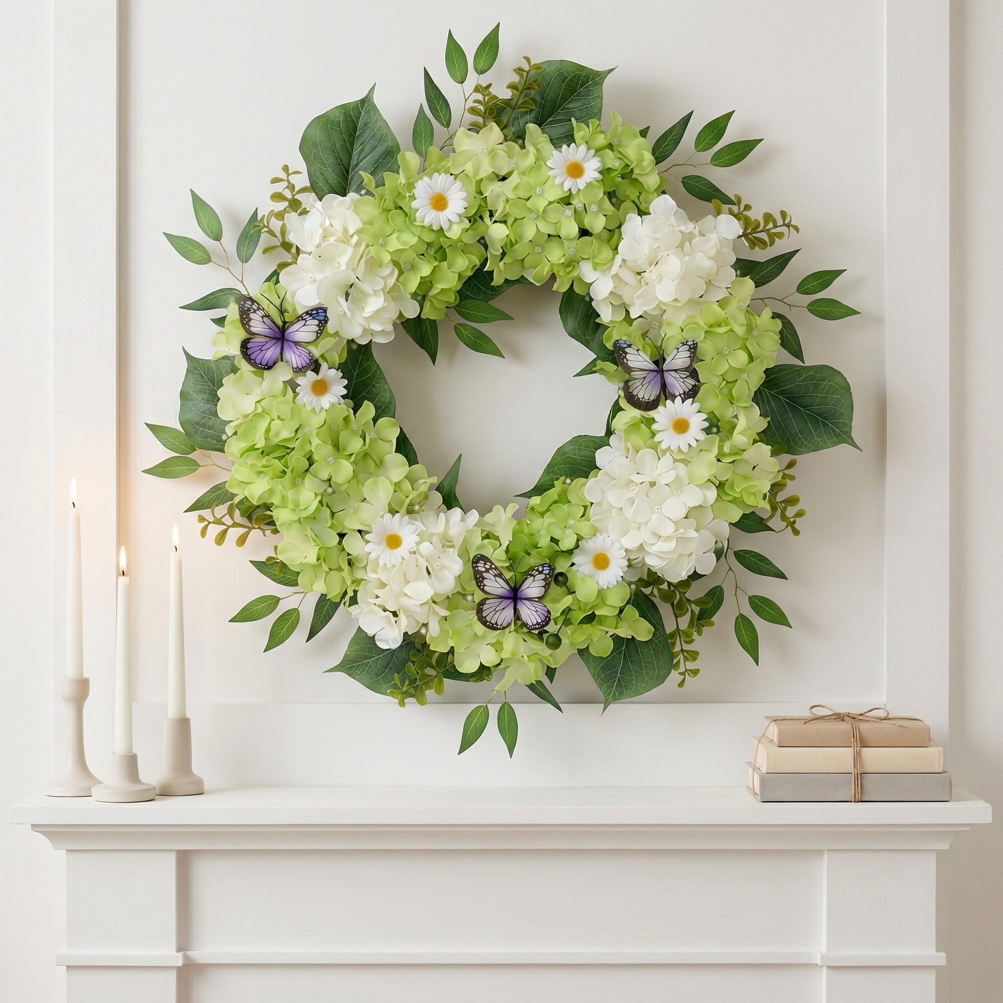 Silk Green White Hydrangeas Floral Wreath