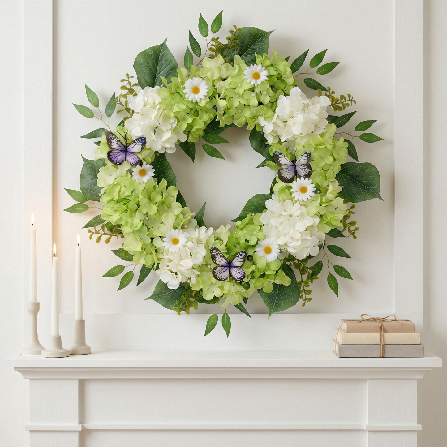 Silk Green White Hydrangeas Floral Wreath
