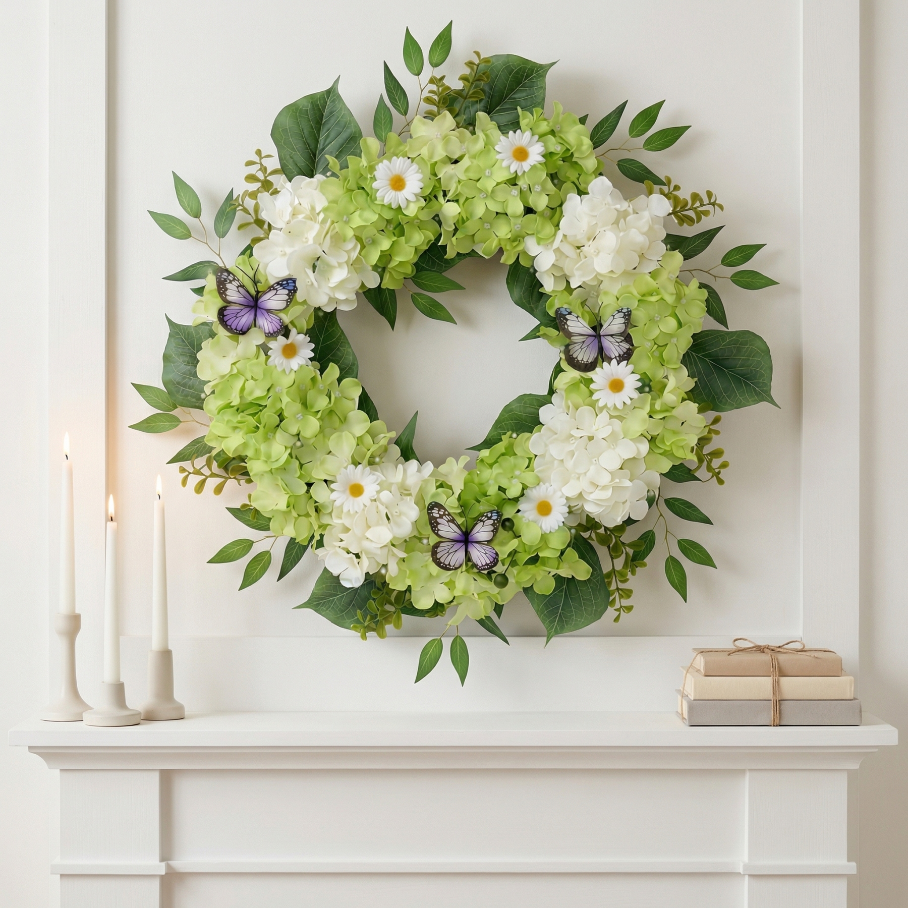 Silk Green White Hydrangeas Floral Wreath