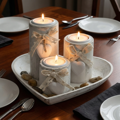 Complete Wooden Heart Candlestick Set