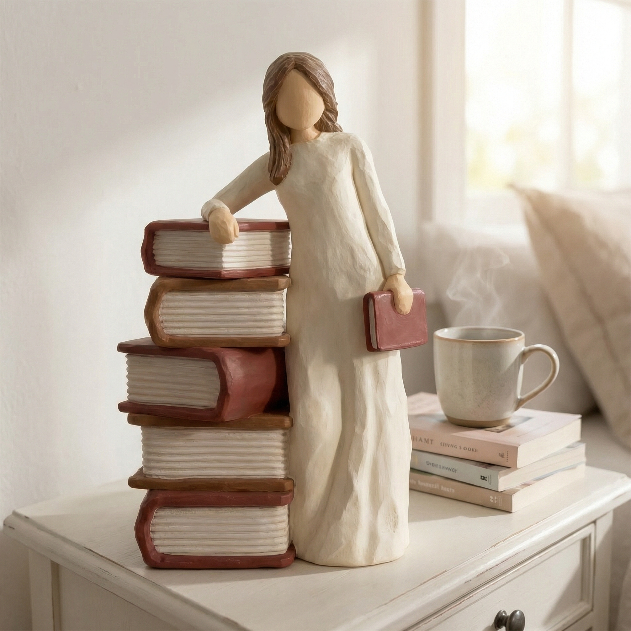 Charming Girl Holding Book Figurines