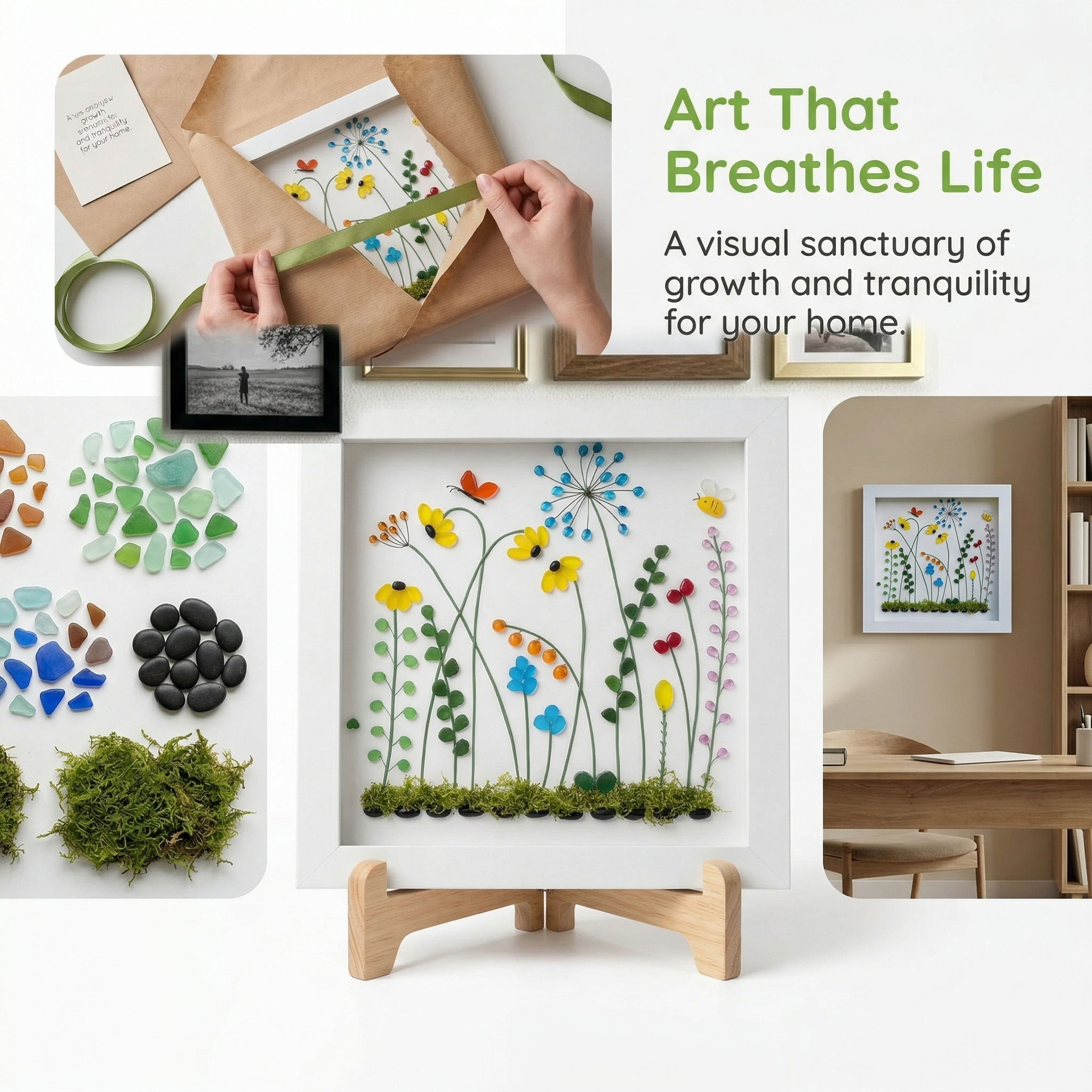 Handmade Beach Glass Flower Garden Picture