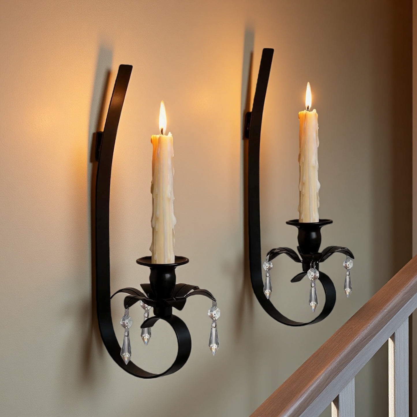 Black Metal Wall Candle Sconces with Crystal Pendant