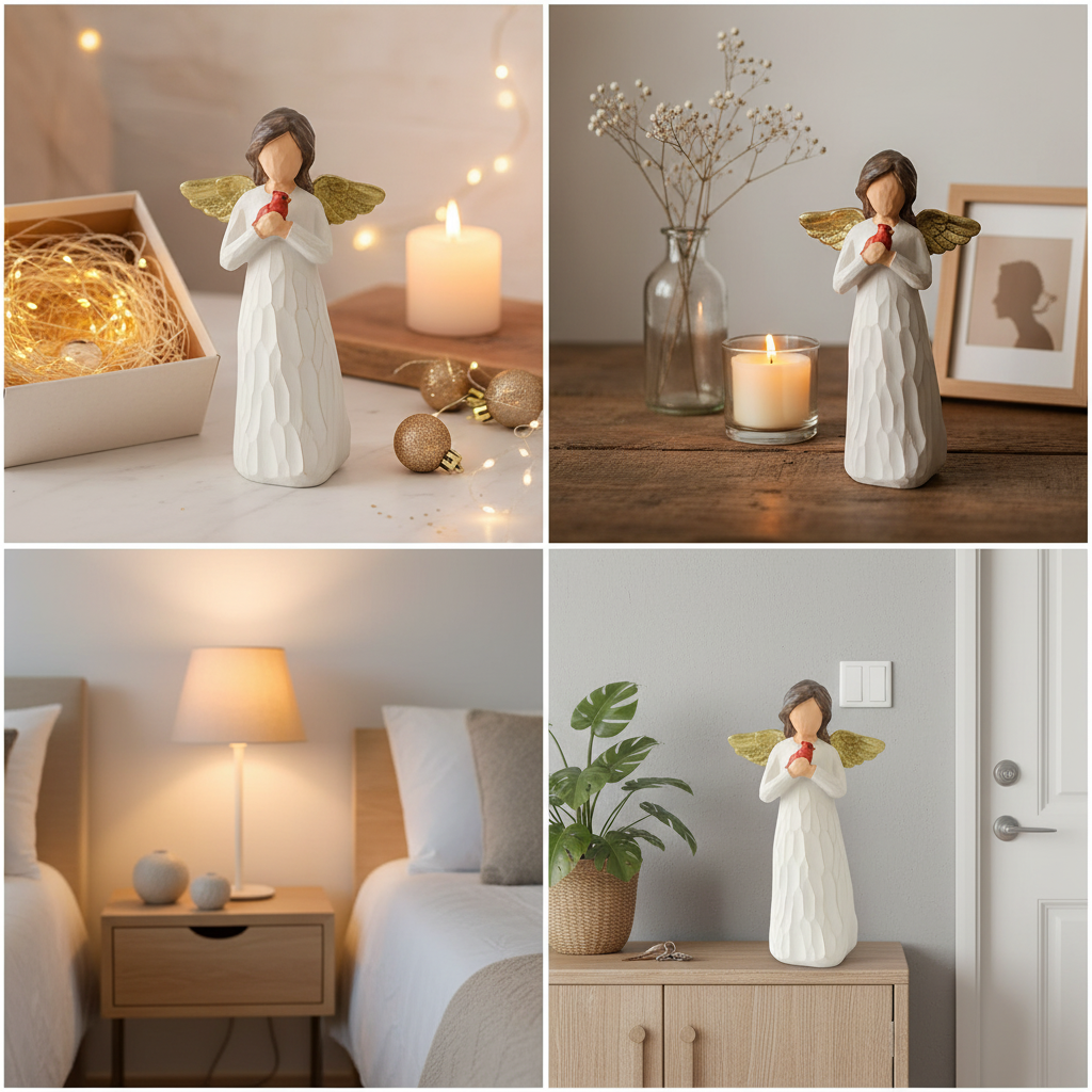 Gold Wing Guardian Angel Statue with Cardinal Bird