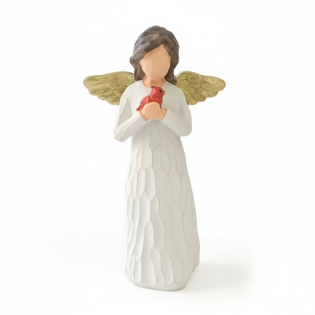 Gold Wing Guardian Angel Statue with Cardinal Bird