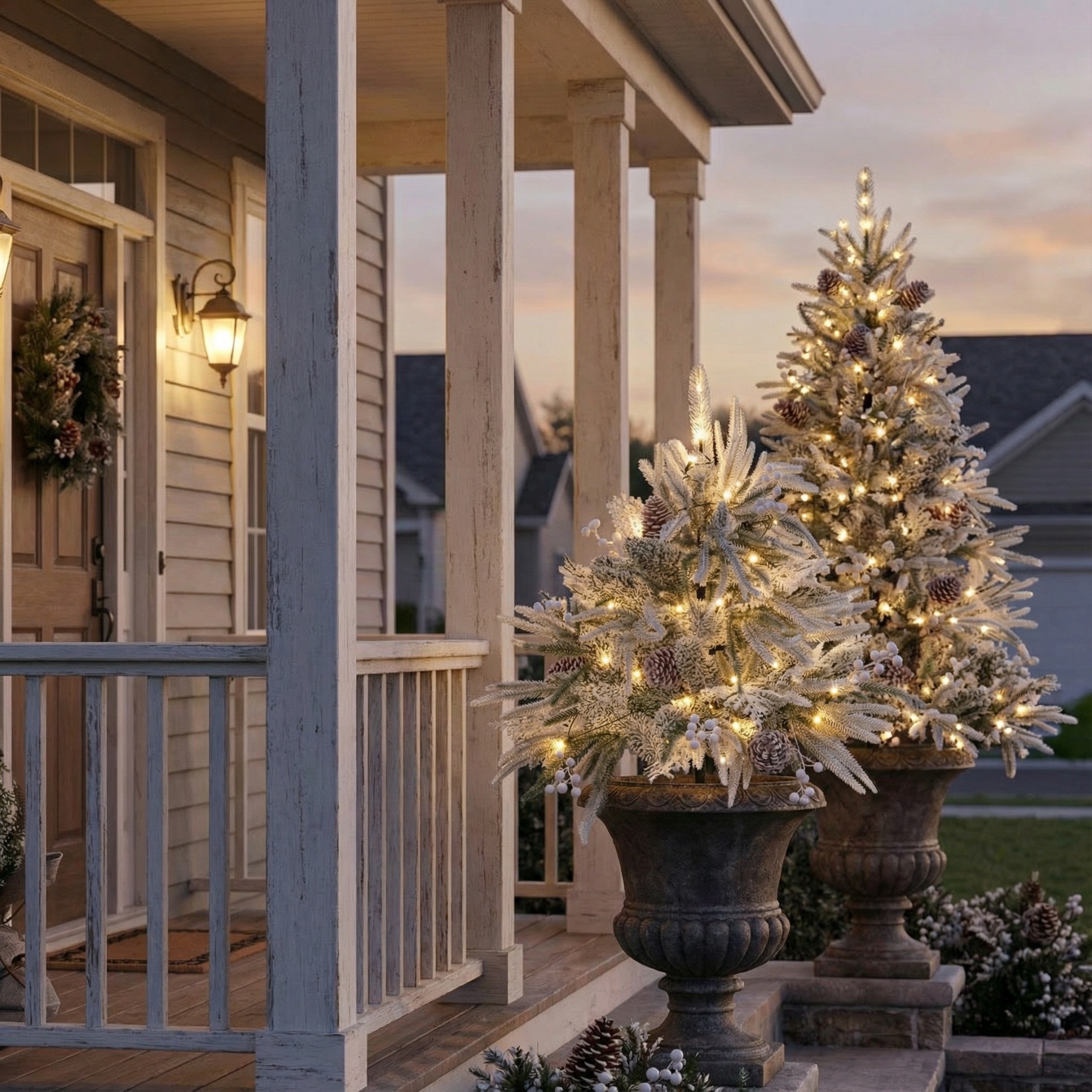 Pre-Lit Christmas Mixed Artificial Flocked Greenery with Ground Stake