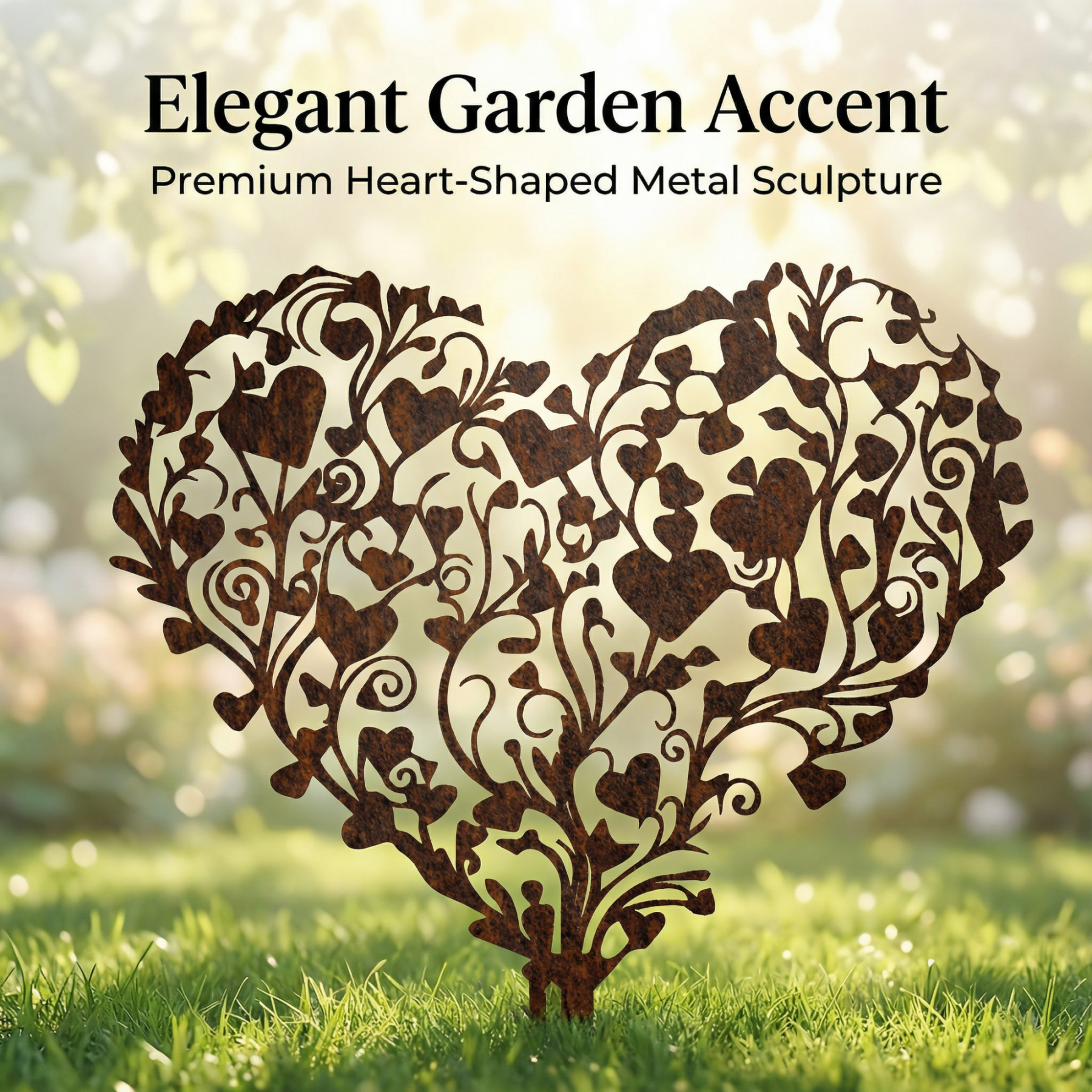 Rust-covered Elegant Heart-Shaped Metal Garden Stake Sculpture