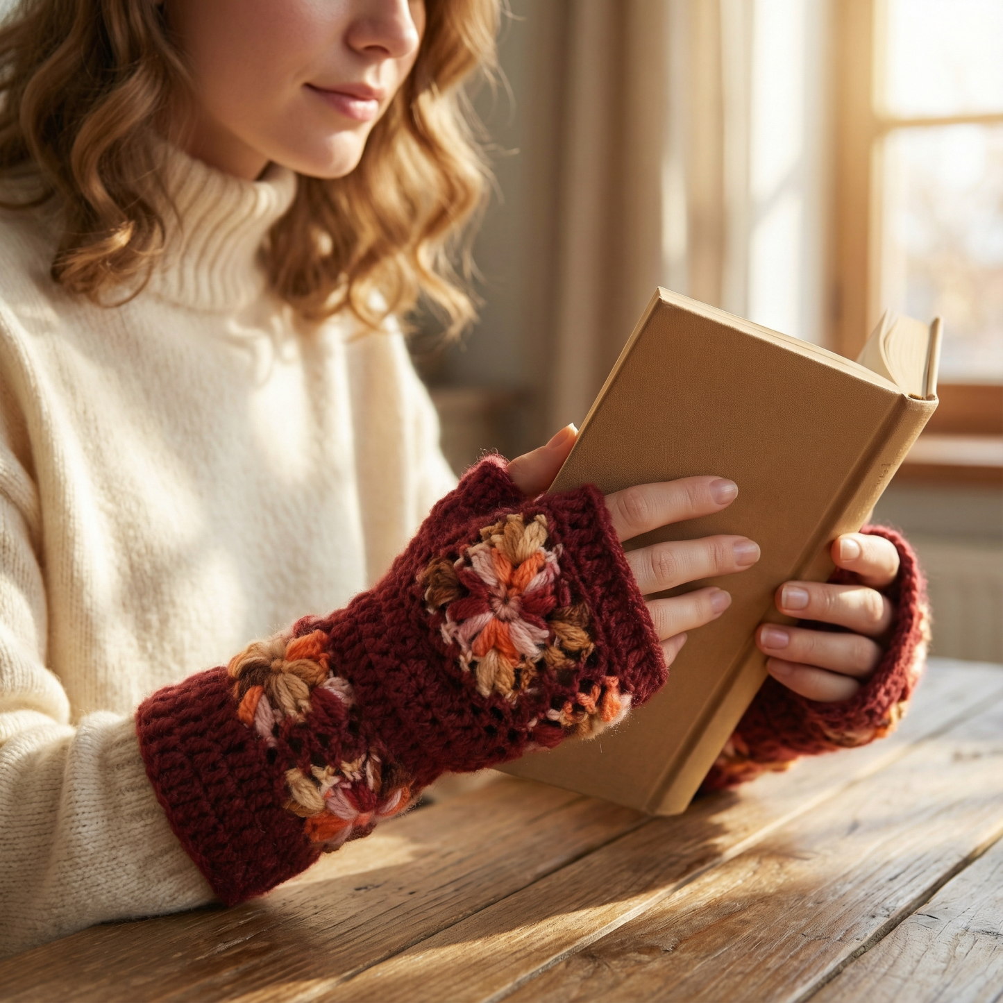 Handknit Crochet Flower Design Handwarmers/Fingerless Gloves with Fleece Lining