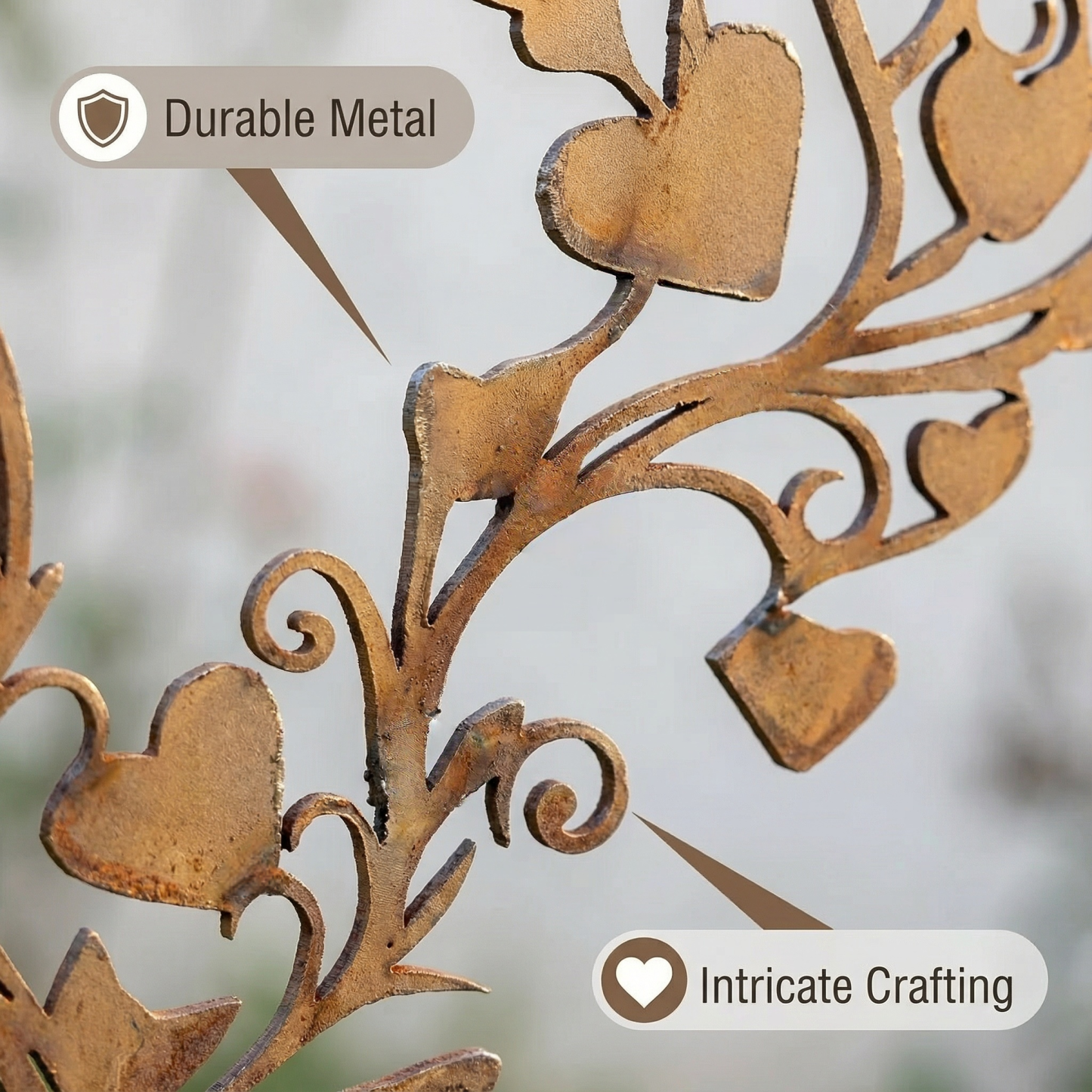 Rust-covered Elegant Heart-Shaped Metal Garden Stake Sculpture