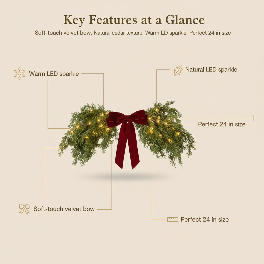 Lighted Cedar Pine Swag with Velvet Bow, Battery Operated with Timer 60 LED Fairy Lights