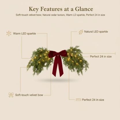 Lighted Cedar Pine Swag with Velvet Bow, Battery Operated with Timer 60 LED Fairy Lights