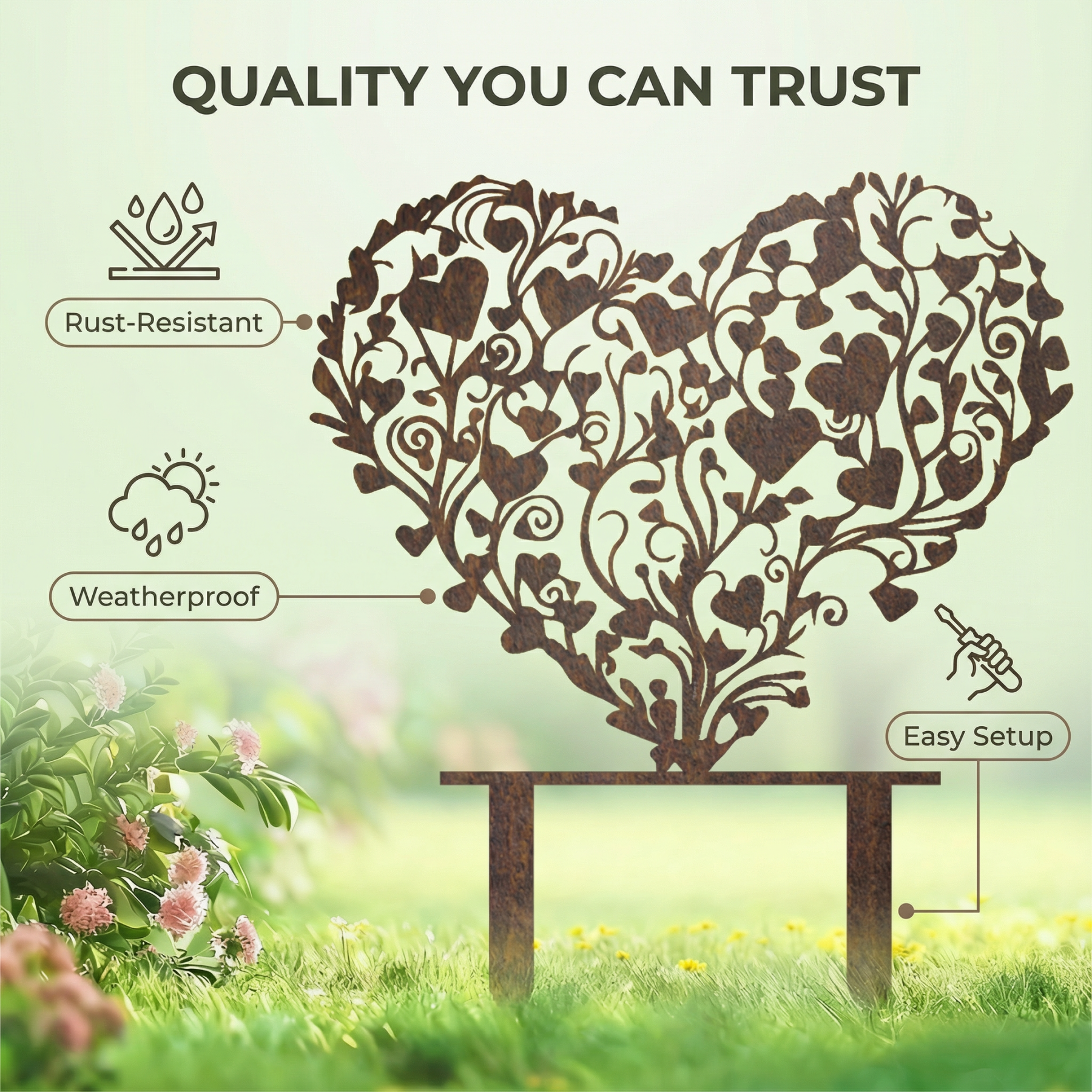 Rust-covered Elegant Heart-Shaped Metal Garden Stake Sculpture