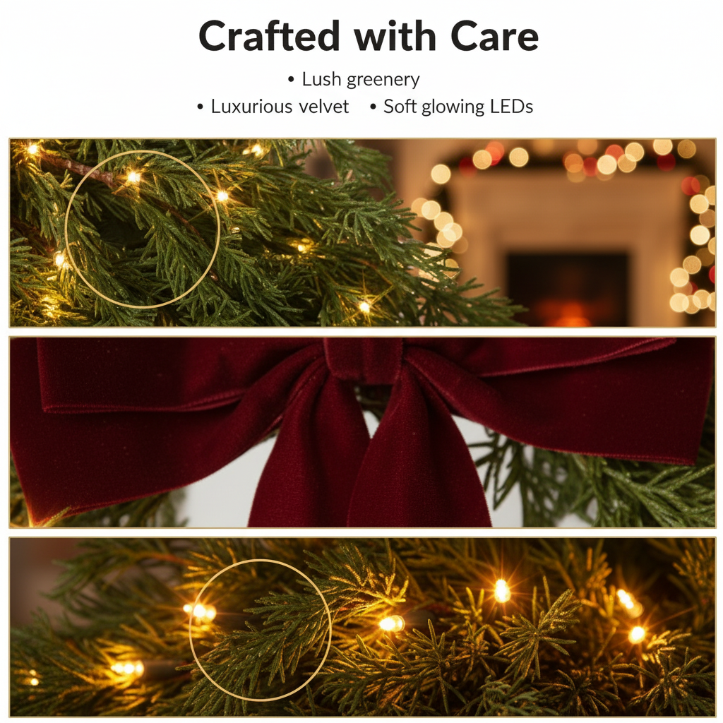 Lighted Cedar Pine Swag with Velvet Bow, Battery Operated with Timer 60 LED Fairy Lights