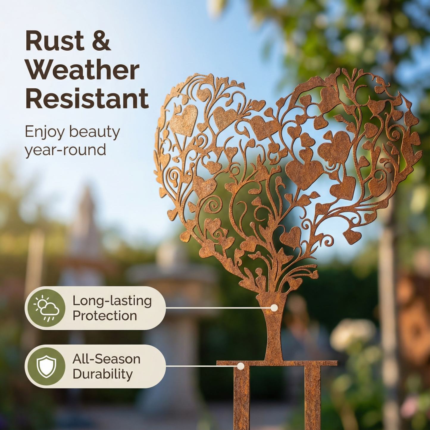 Rust-covered Elegant Heart-Shaped Metal Garden Stake Sculpture