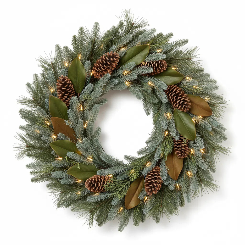 24in. Mixed Pine Artificial Christmas Wreath with 70 Clear LED Lights and Pinecones