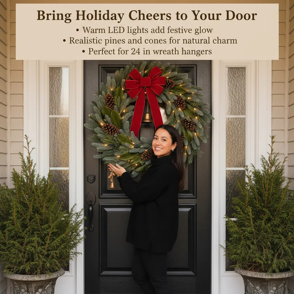 24in. Mixed Pine Artificial Christmas Wreath with 70 Clear LED Lights and Pinecones