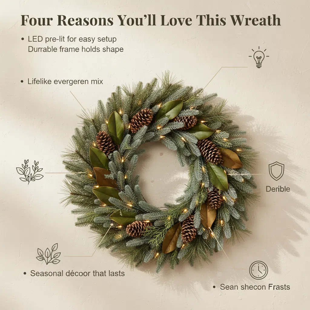 24in. Mixed Pine Artificial Christmas Wreath with 70 Clear LED Lights and Pinecones