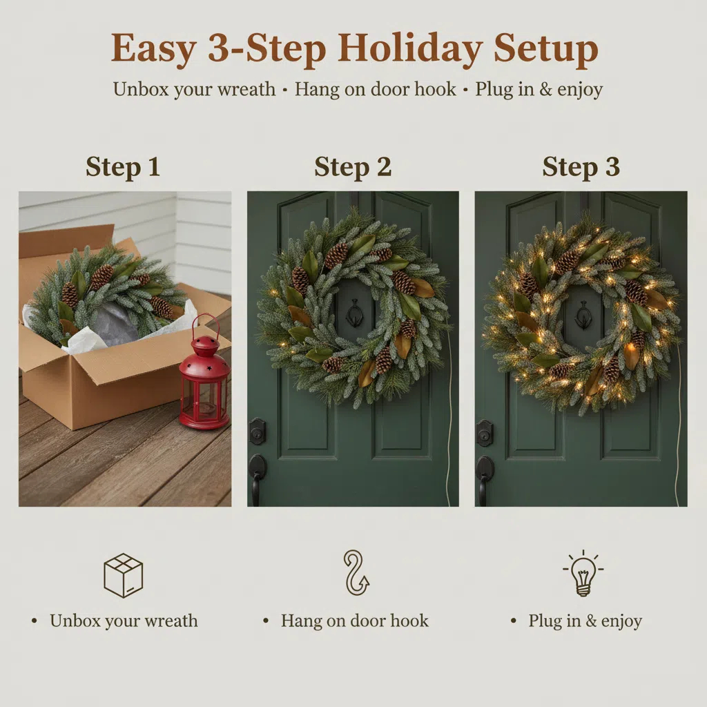 24in. Mixed Pine Artificial Christmas Wreath with 70 Clear LED Lights and Pinecones