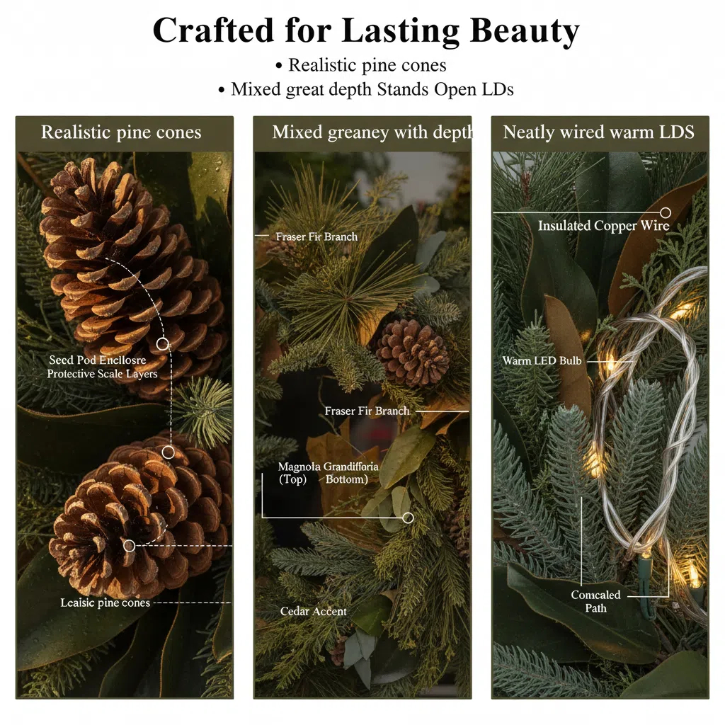 24in. Mixed Pine Artificial Christmas Wreath with 70 Clear LED Lights and Pinecones